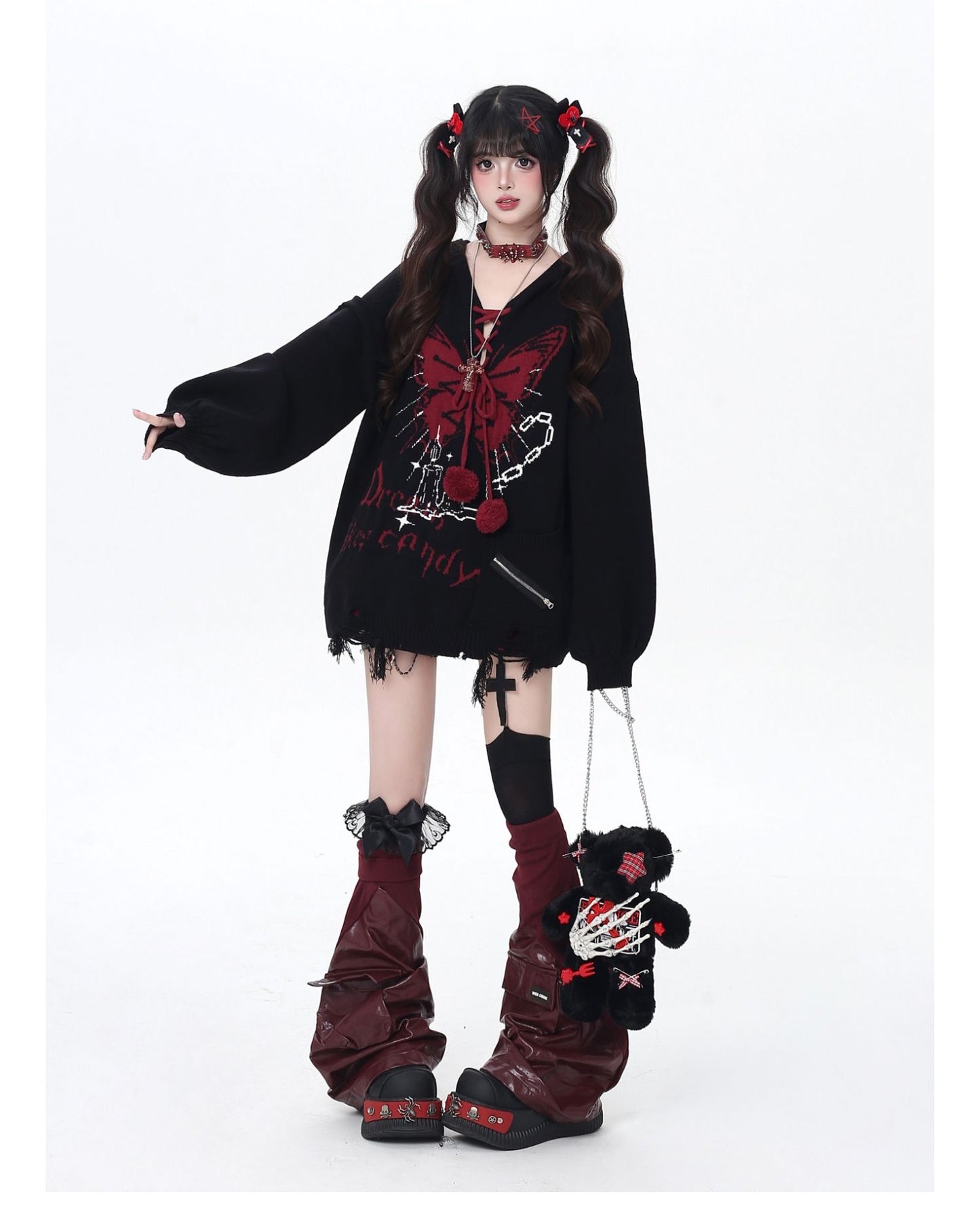 🦋Vネックリボンフーディゆる甘ニットカーデ