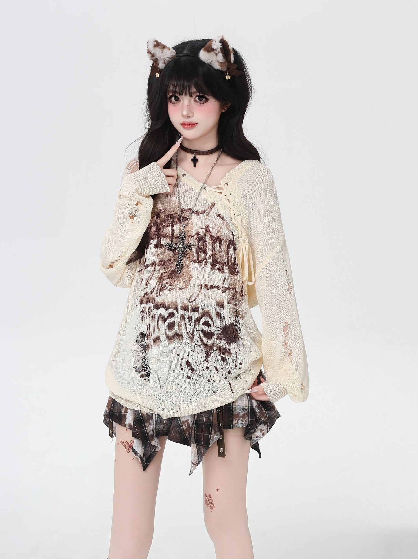 スプレー風ダメージ×透け感ニットロンT