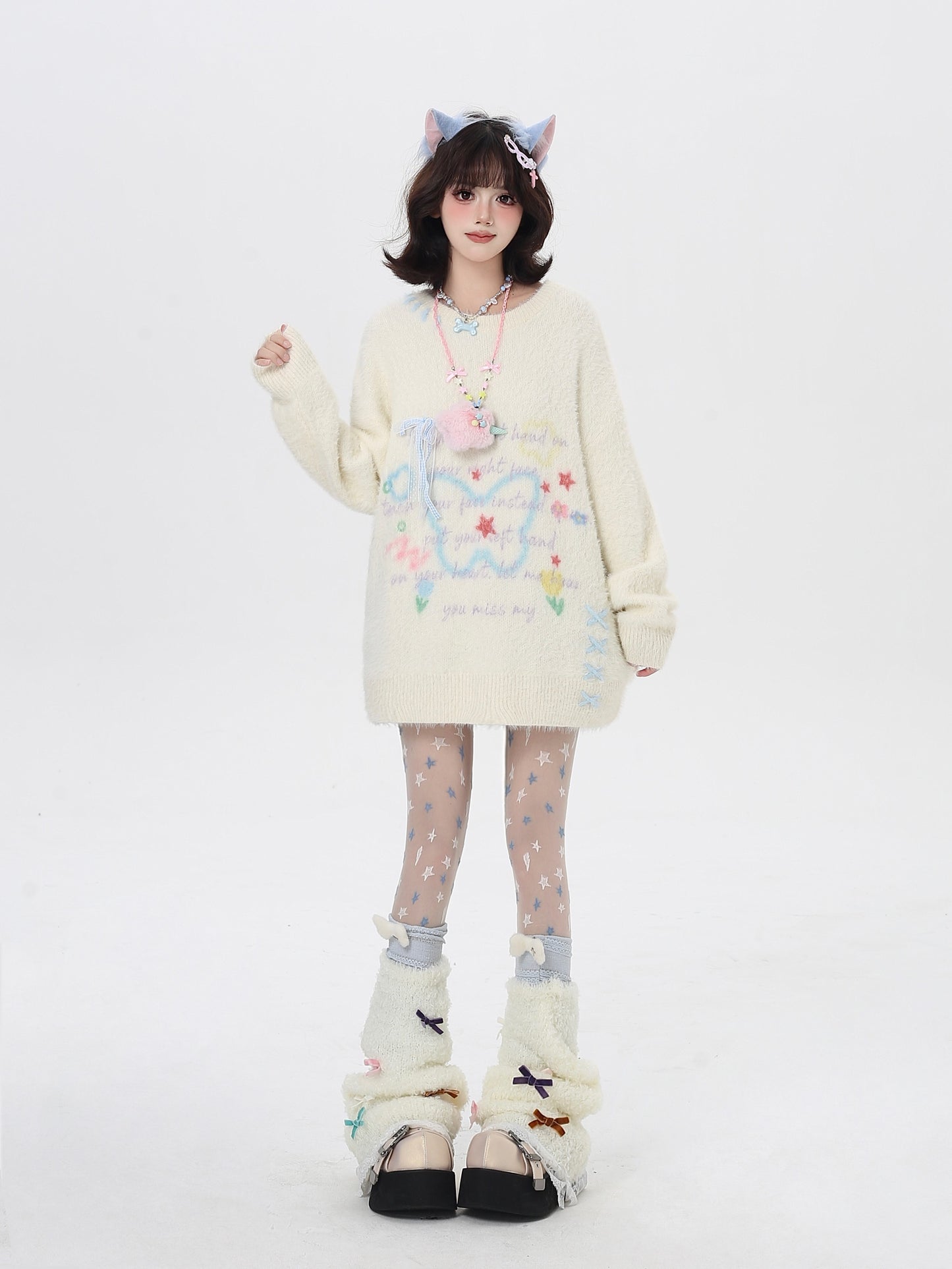 🎀リボンデザインゆるニット|ドーパミンガーリースタイル