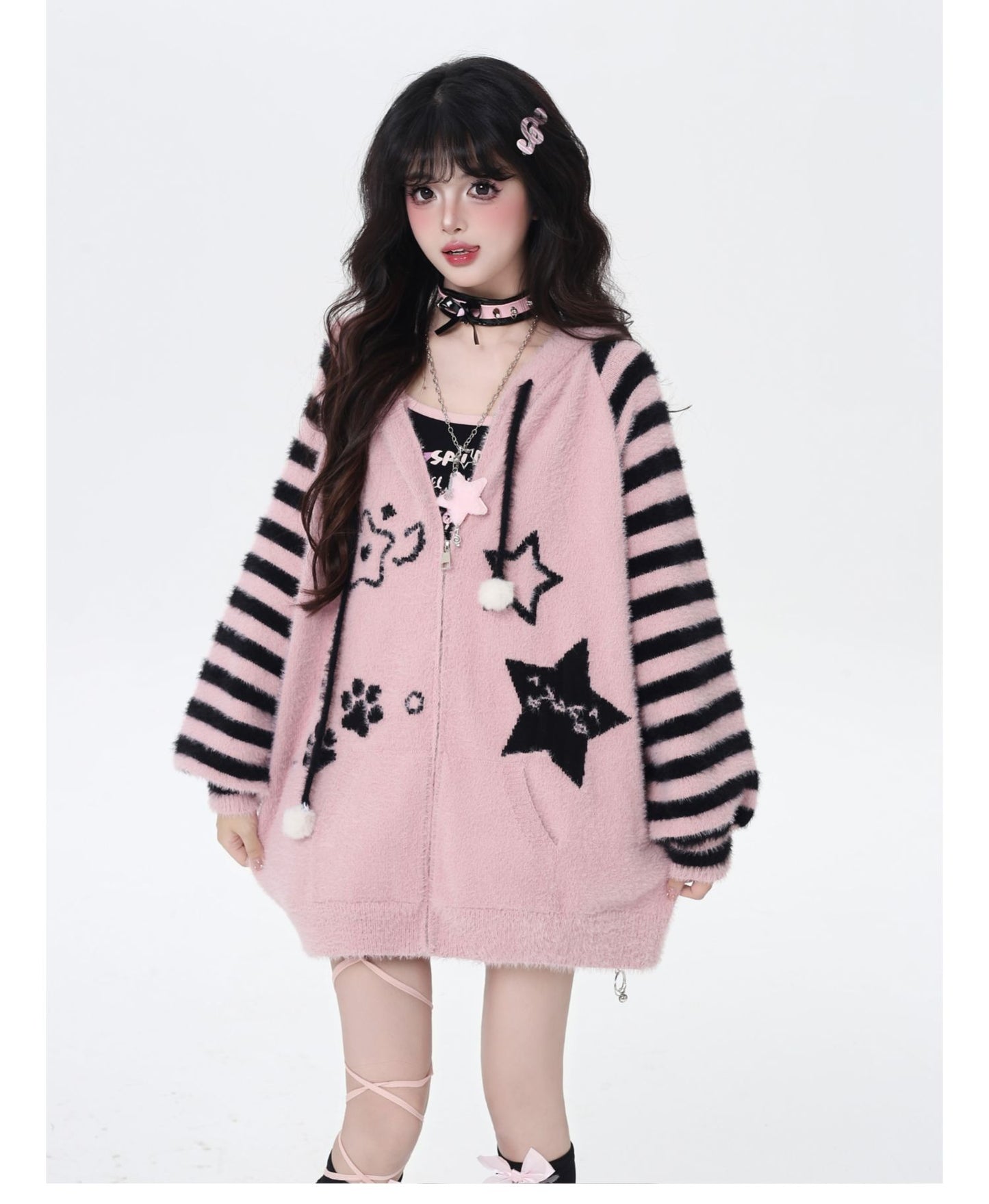 星柄ボーダーVネックフーディーニットカーデ