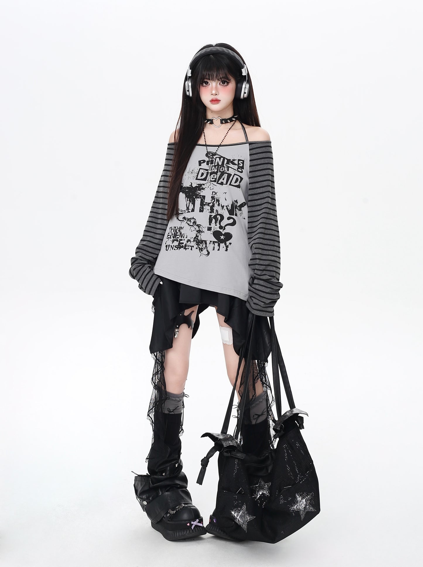 ロック系地雷ストライプホルターネック不規則Tシャツ秋