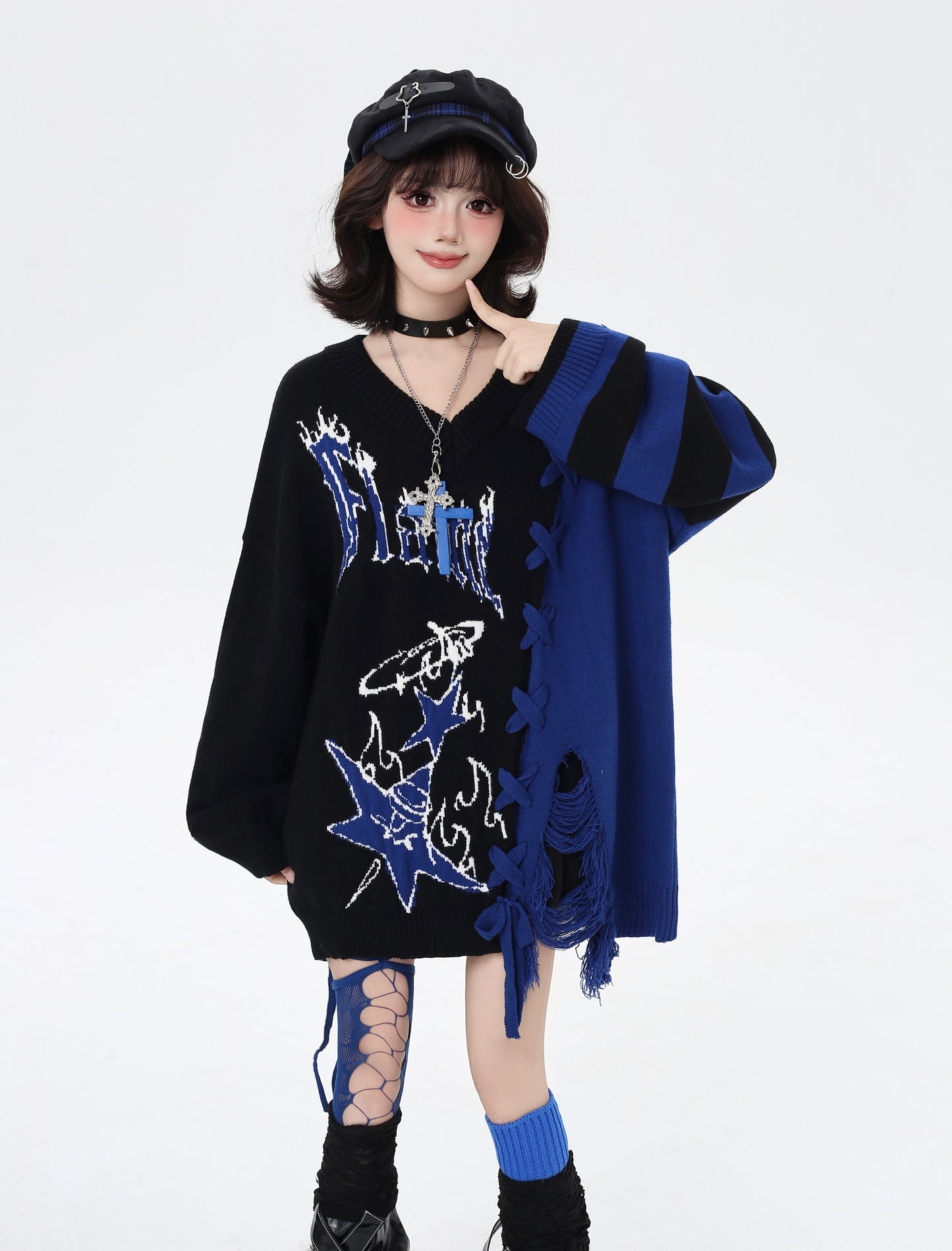 ゆるギャル系 Vネック配色リボンニット♡秋冬甘辛ミックス