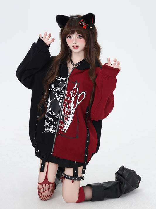 個性派フード付きオーバーサイズカラーブロックパーカー