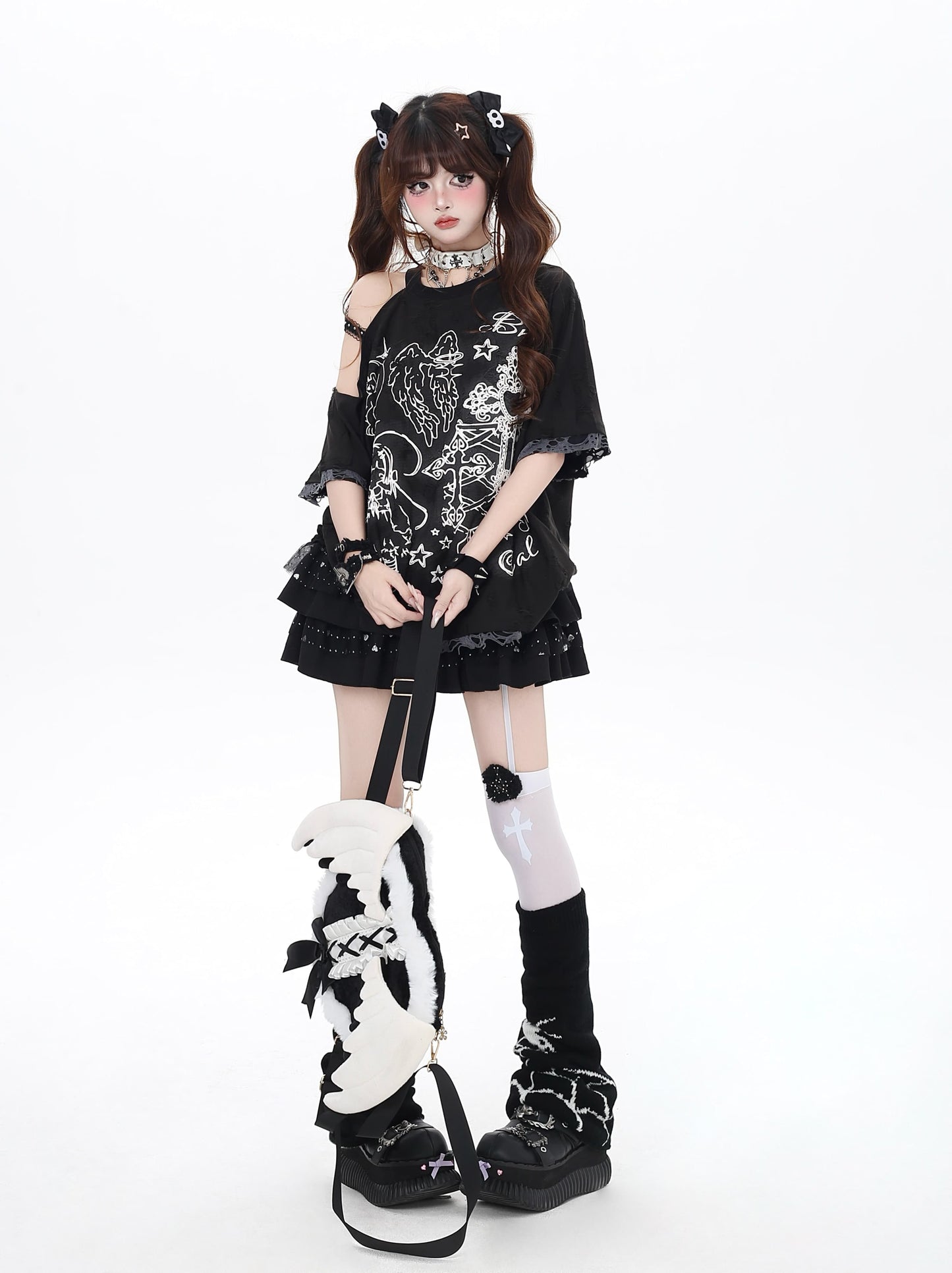 ラッキーエンジェル片肩レースTシャツ