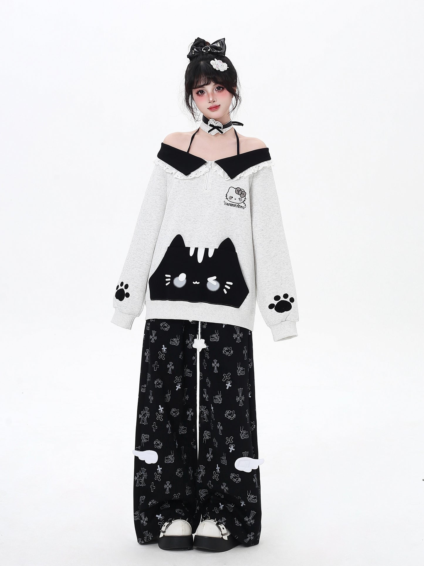 猫柄レーススウェットパンツ🖤ゆる甘ストリート