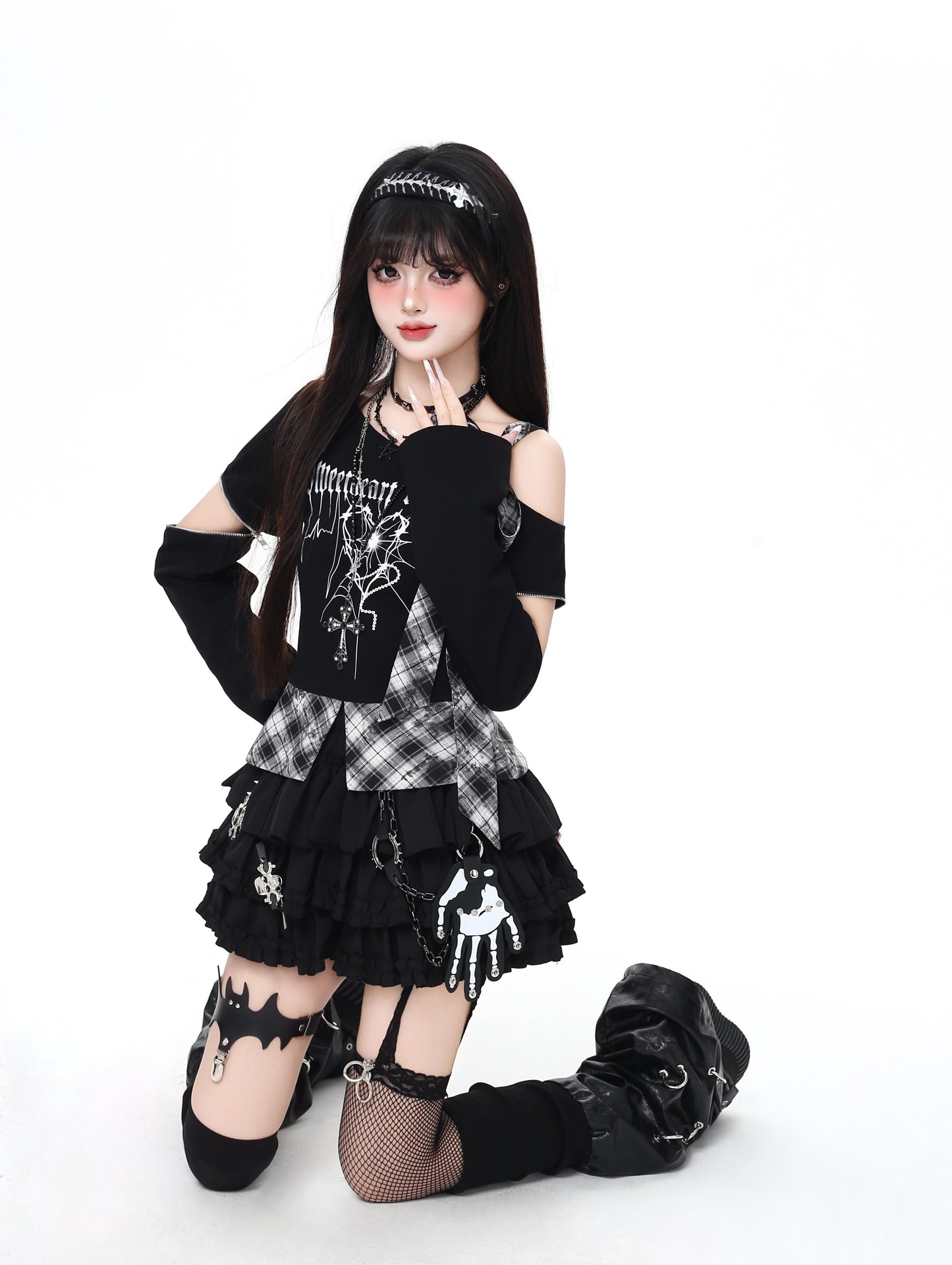 甘辛ミックスチェック切替肩出し細見えガーリーTシャツ