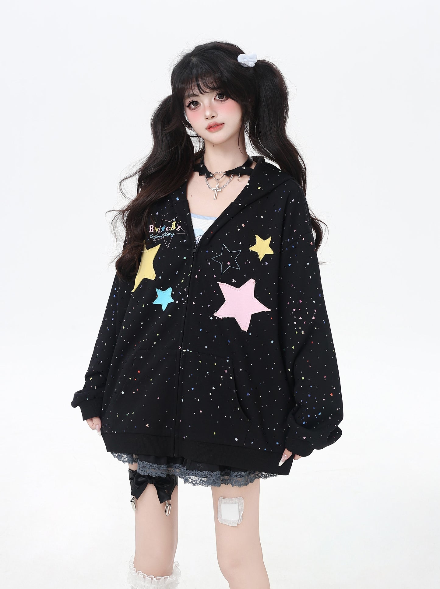 甘辛星ワッペン輝きパーカー 学院風