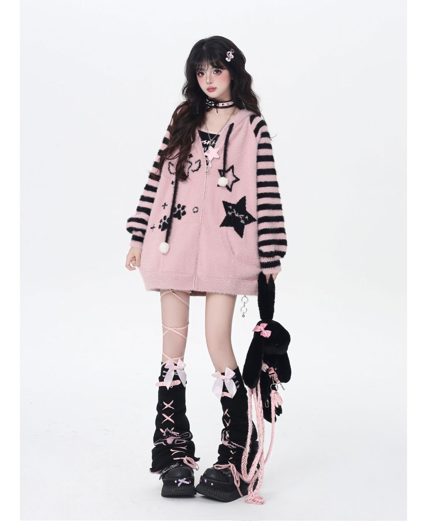 星柄ボーダーVネックフーディーニットカーデ