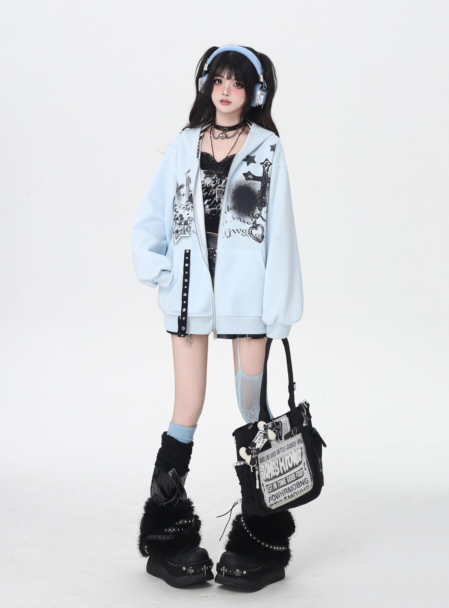 地雷系ダーク系初秋ジップパーカー ニッチギャル服