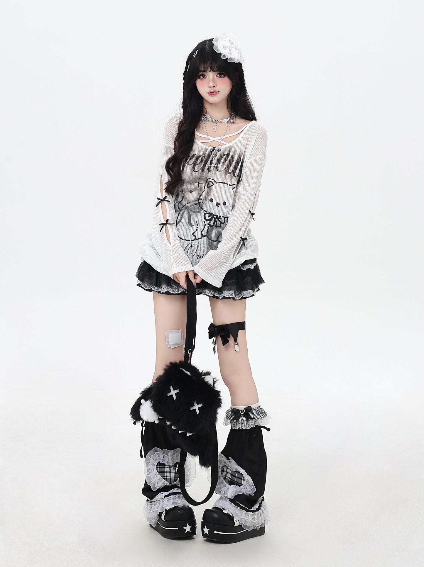 クロスリボン×猫柄シアートップス