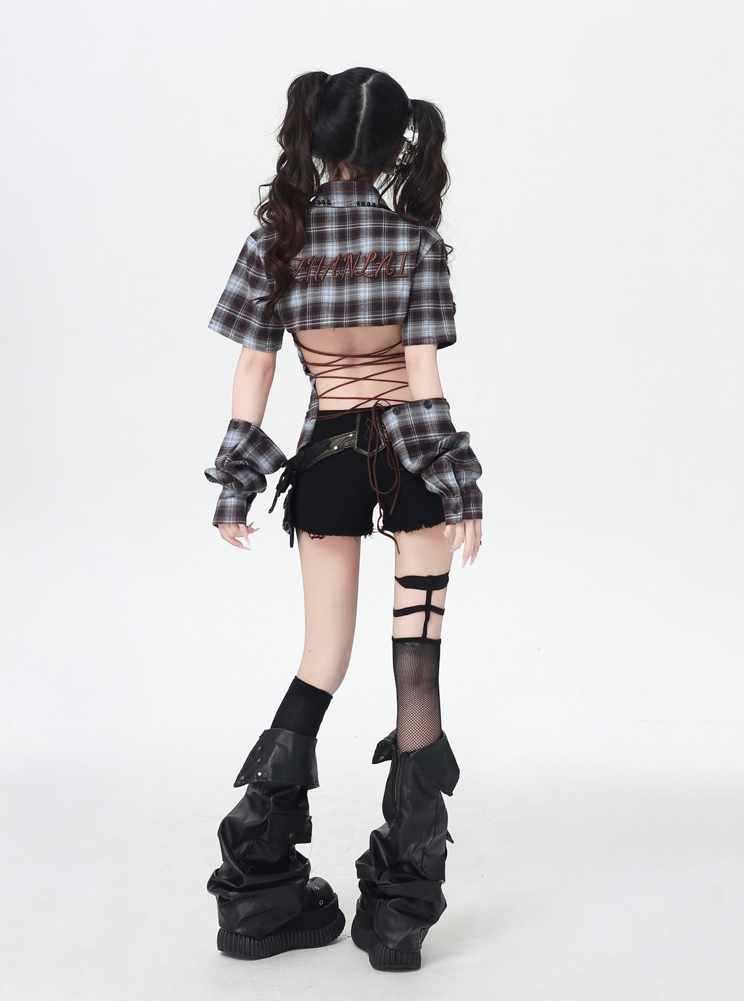 ギャル×チェック バックシャンレースアップシャツ