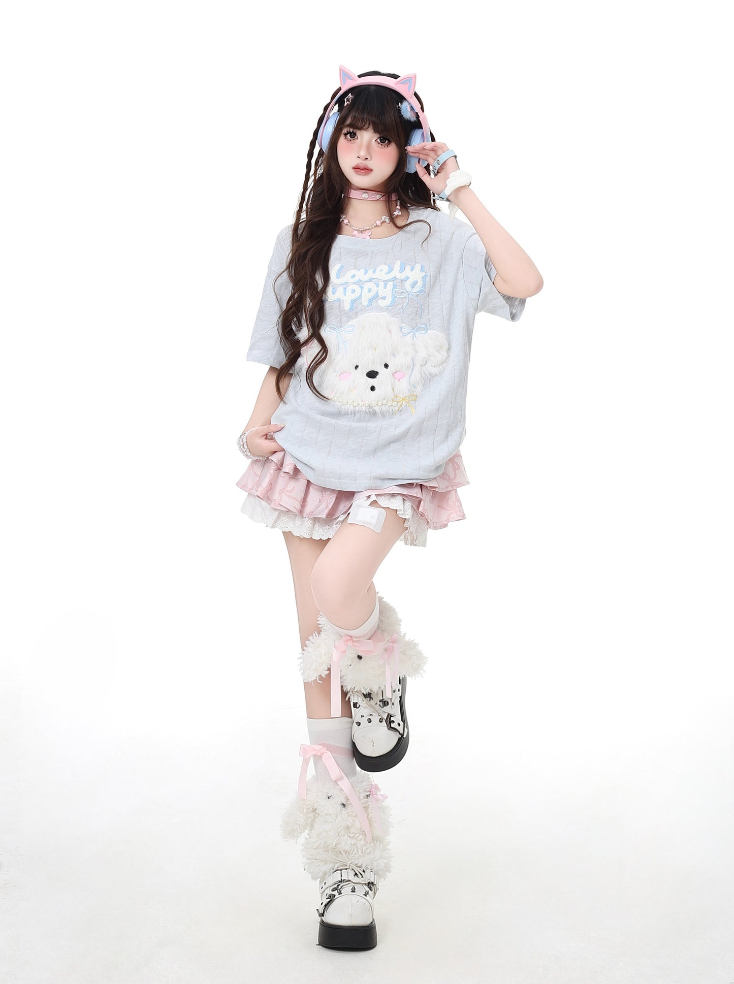 ふわふわ犬のデザインゆるTシャツ(微透け)