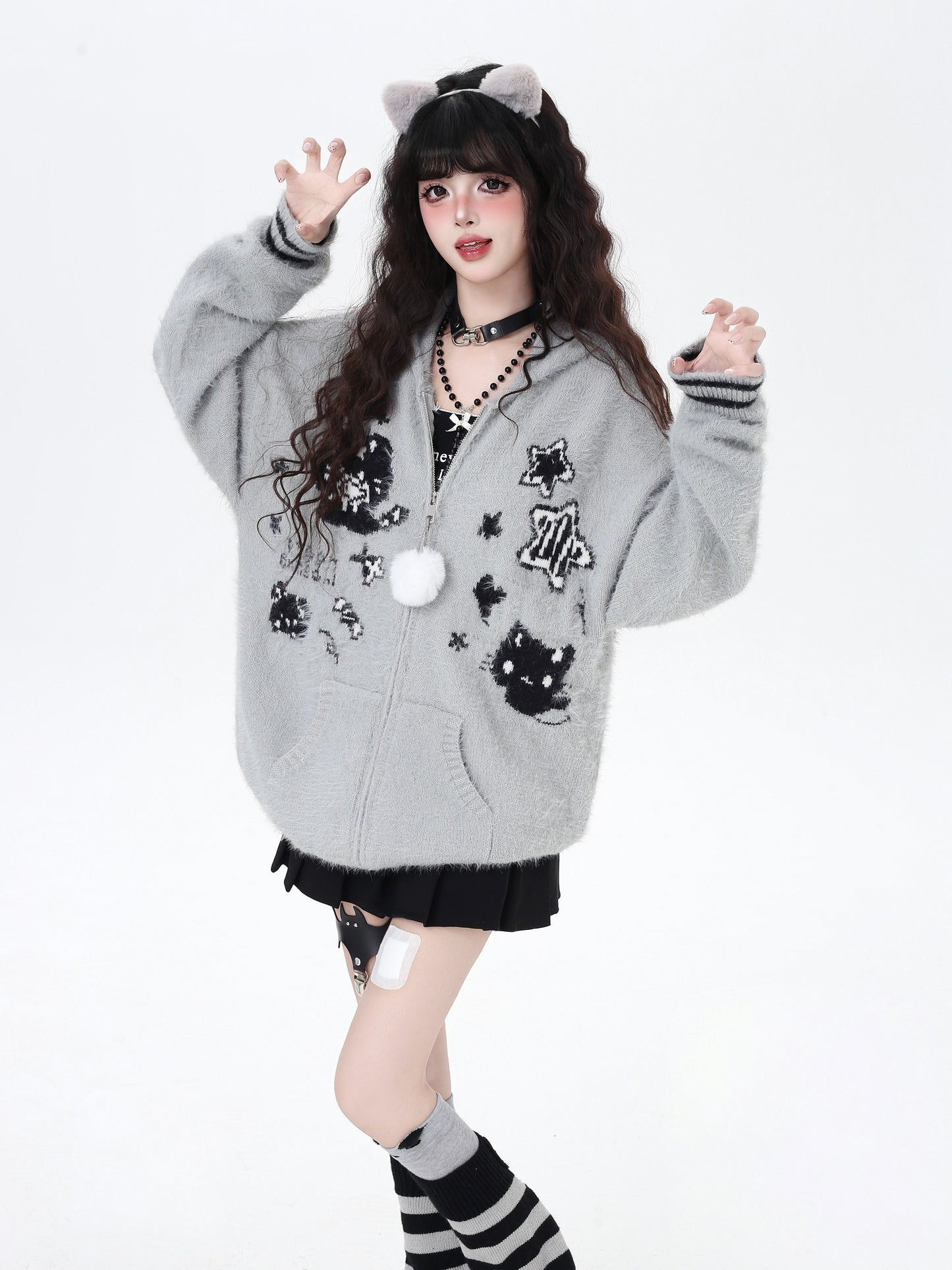 うさ耳フーディー付きゆるカワカーディガン秋冬