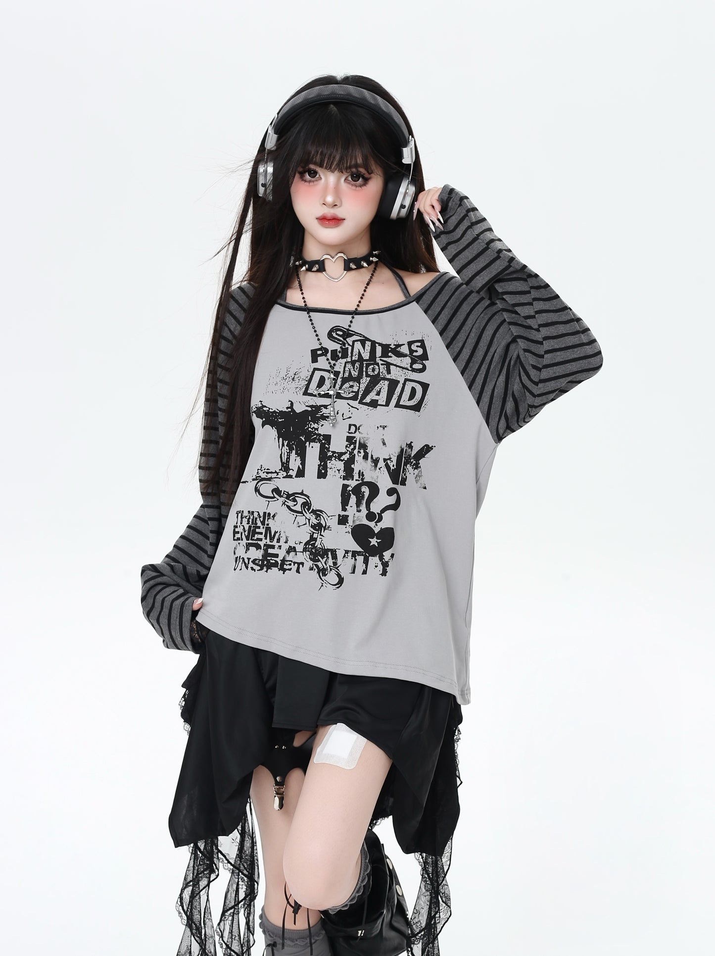 ロック系地雷ストライプホルターネック不規則Tシャツ秋