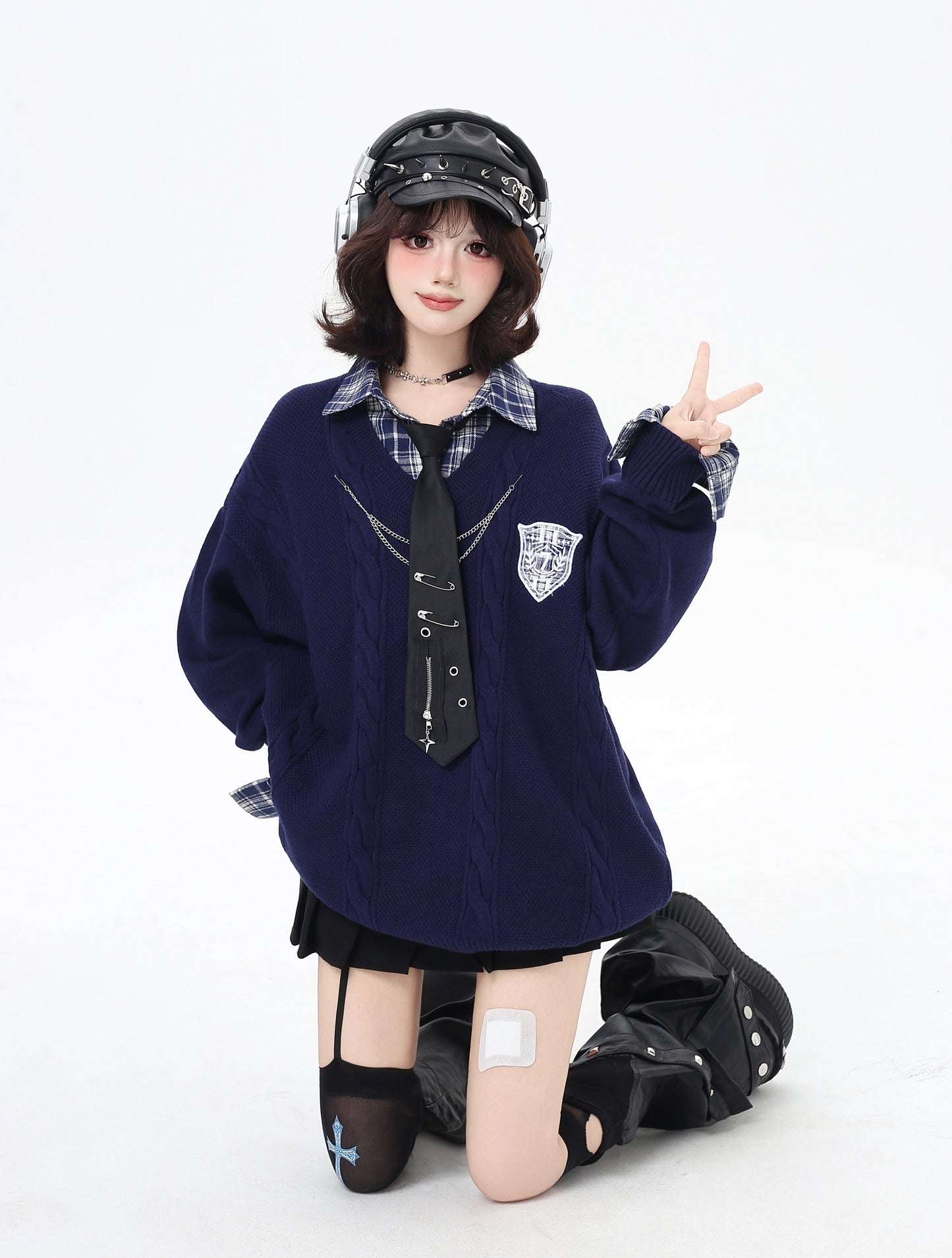 チェックレイヤード風ニット|レトロガーリーカジュアル