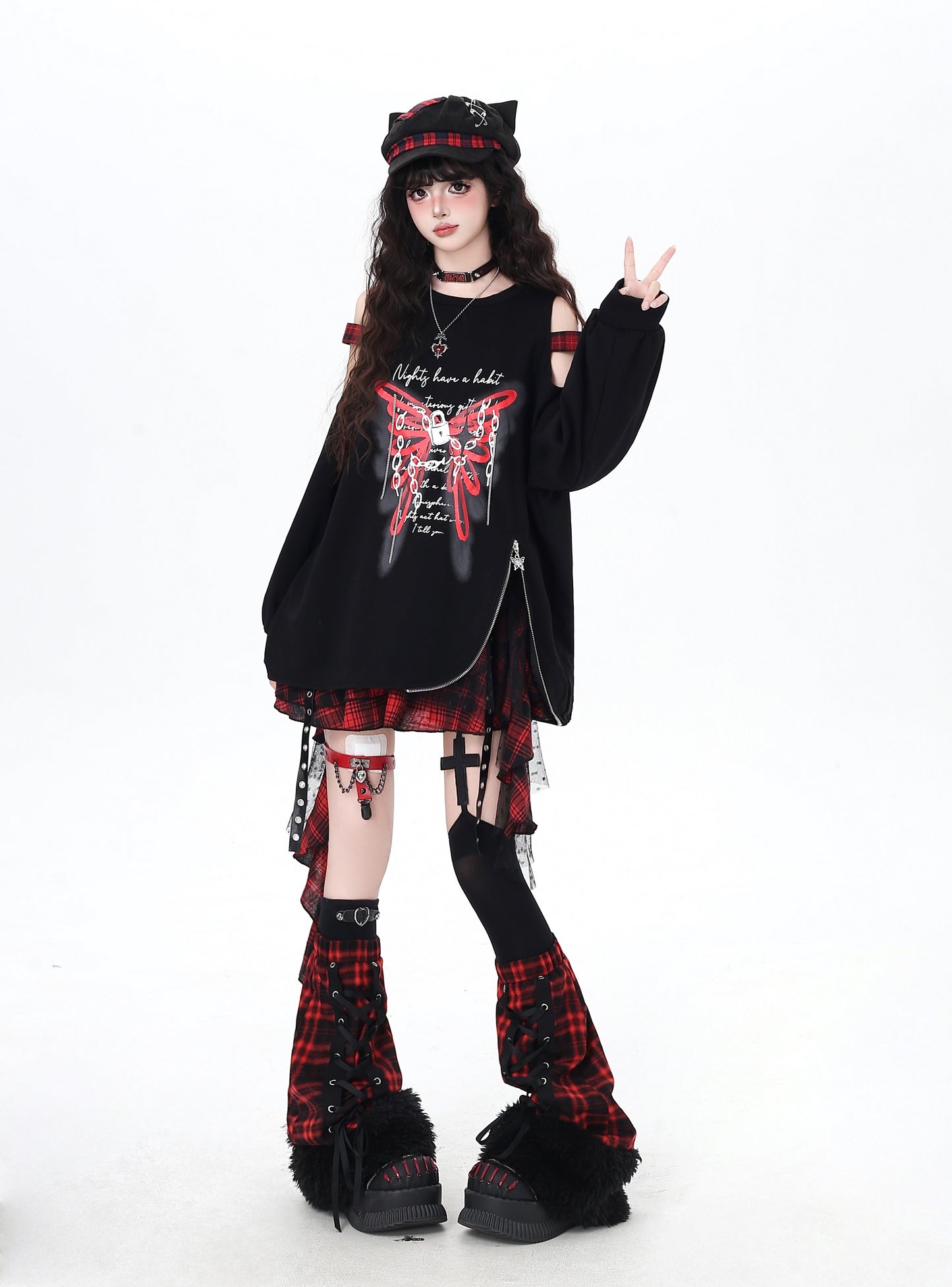 甘辛♡オフショル蝶柄タック袖スウェット