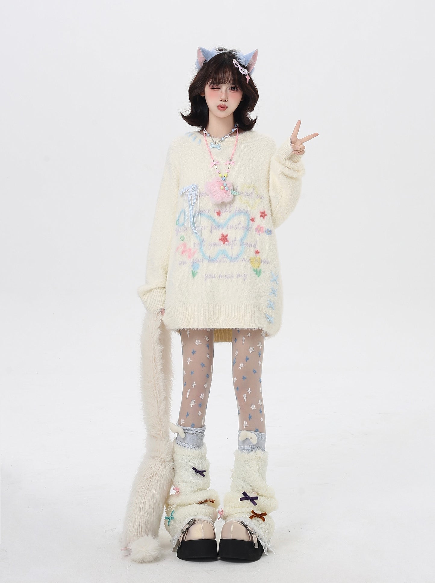 🎀リボンデザインゆるニット|ドーパミンガーリースタイル