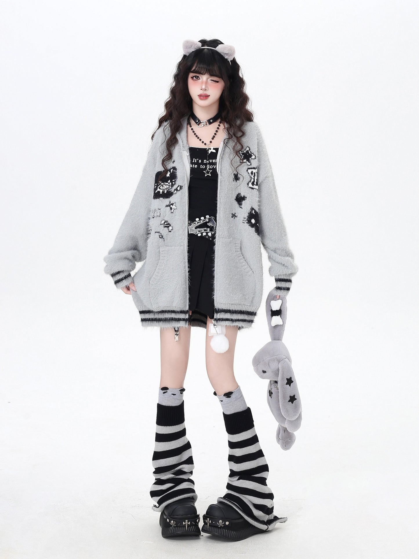 うさ耳フーディー付きゆるカワカーディガン秋冬