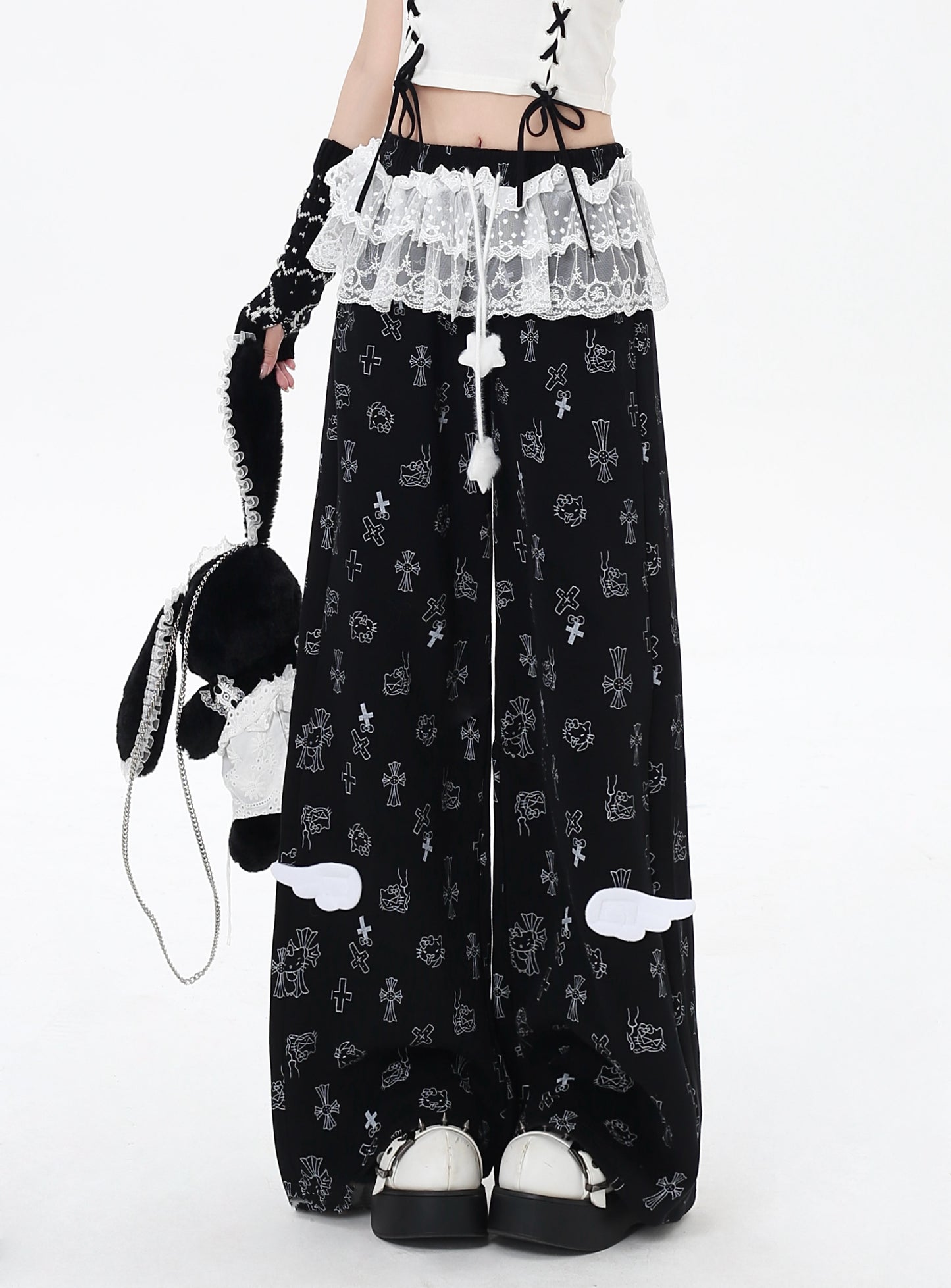 猫柄レーススウェットパンツ🖤ゆる甘ストリート