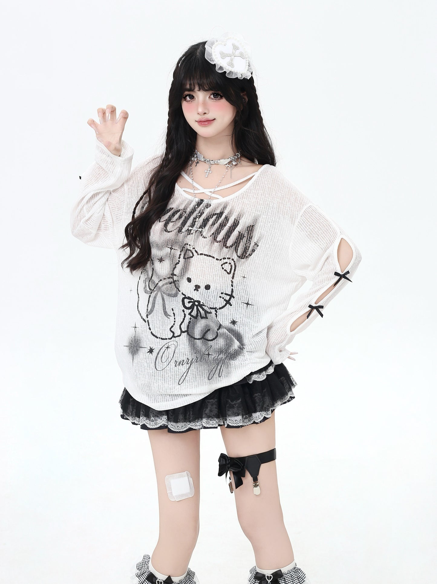 クロスリボン×猫柄シアートップス
