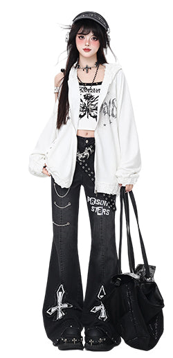オリジナル甘辛Y2Kチェーンハイウエストデニムフレアパンツ