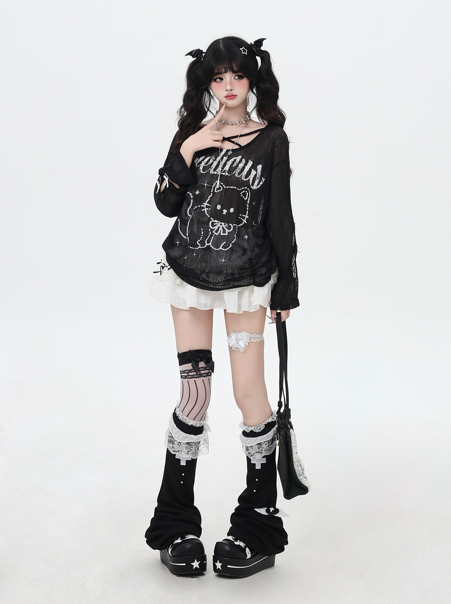 クロスリボン×猫柄シアートップス