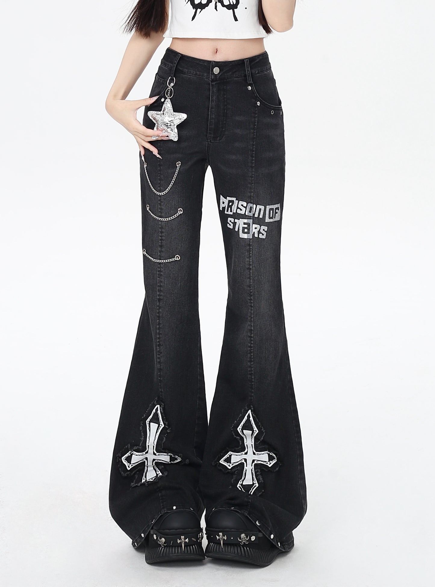 オリジナル甘辛Y2Kチェーンハイウエストデニムフレアパンツ
