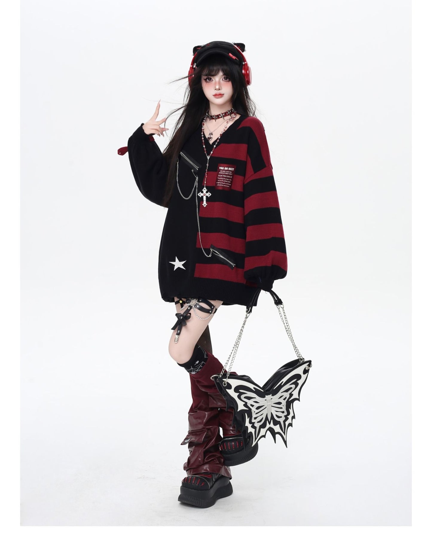 バイカラーストライプVネックニット