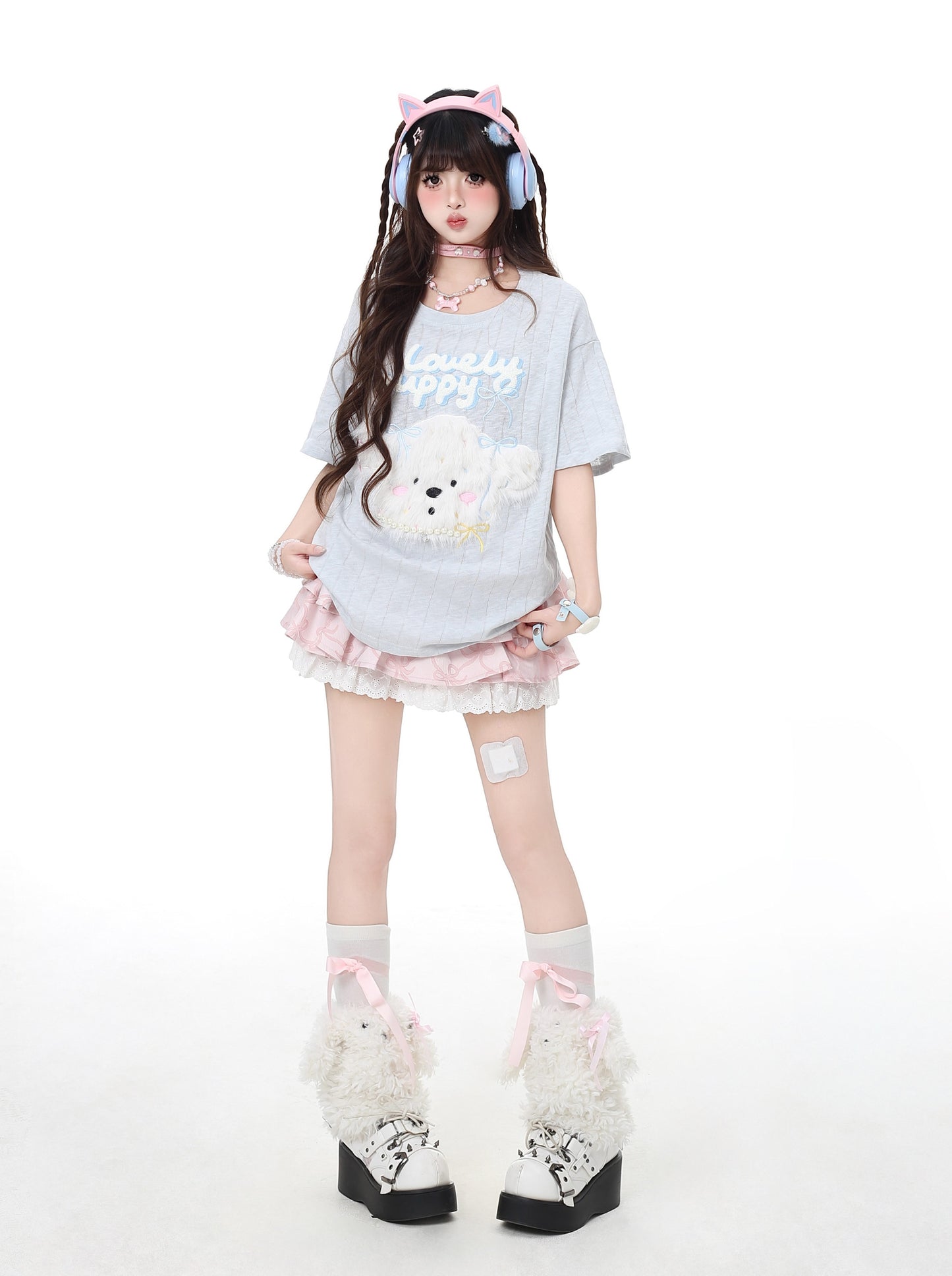 ふわふわ犬のデザインゆるTシャツ(微透け)