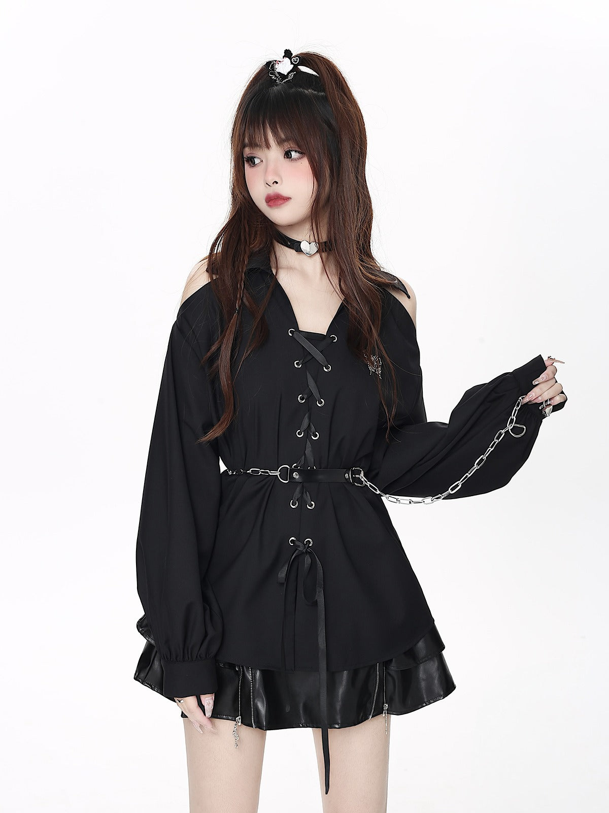 Long shirt with off-the-shoulder straps