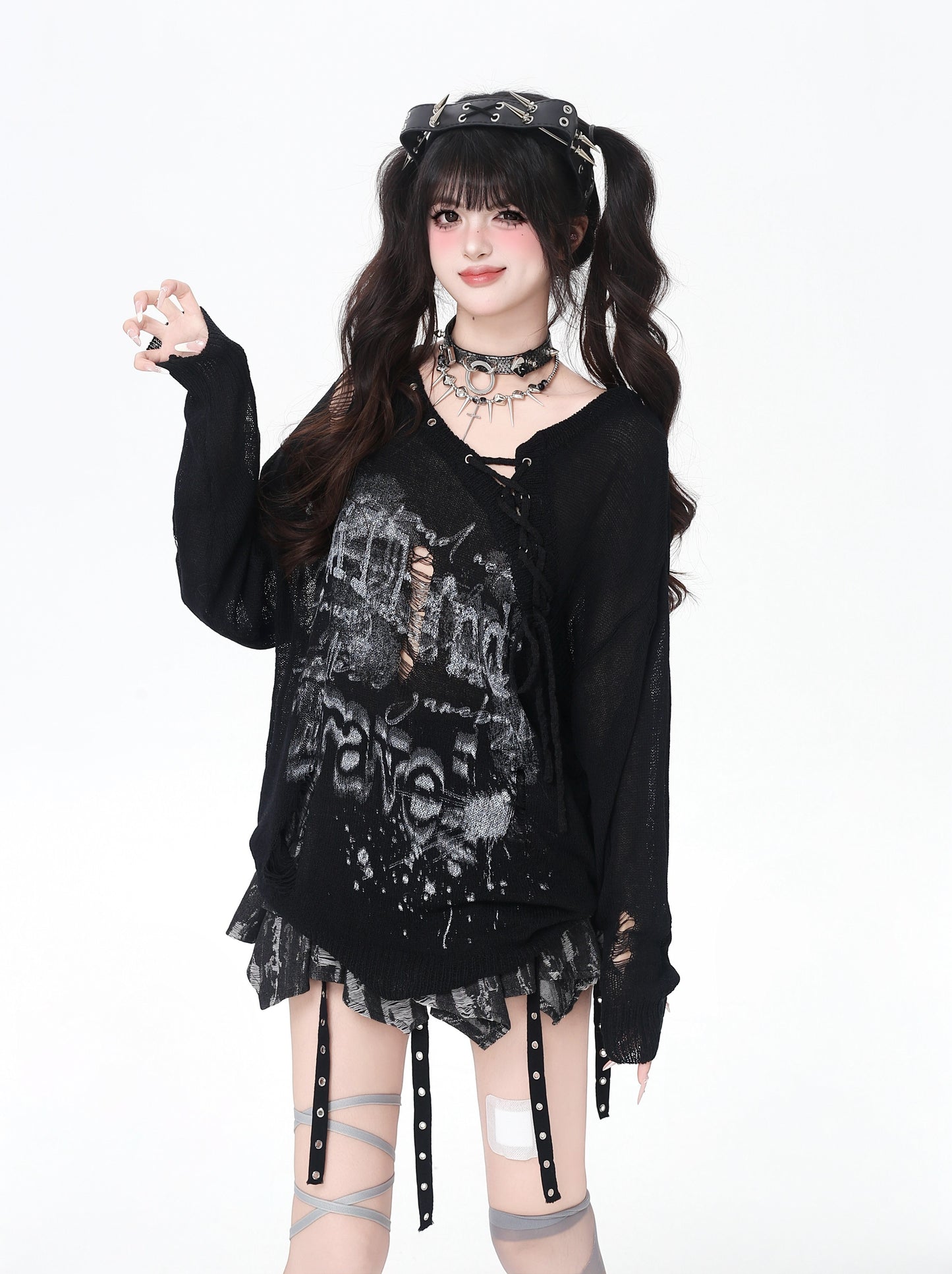スプレー風ダメージ×透け感ニットロンT