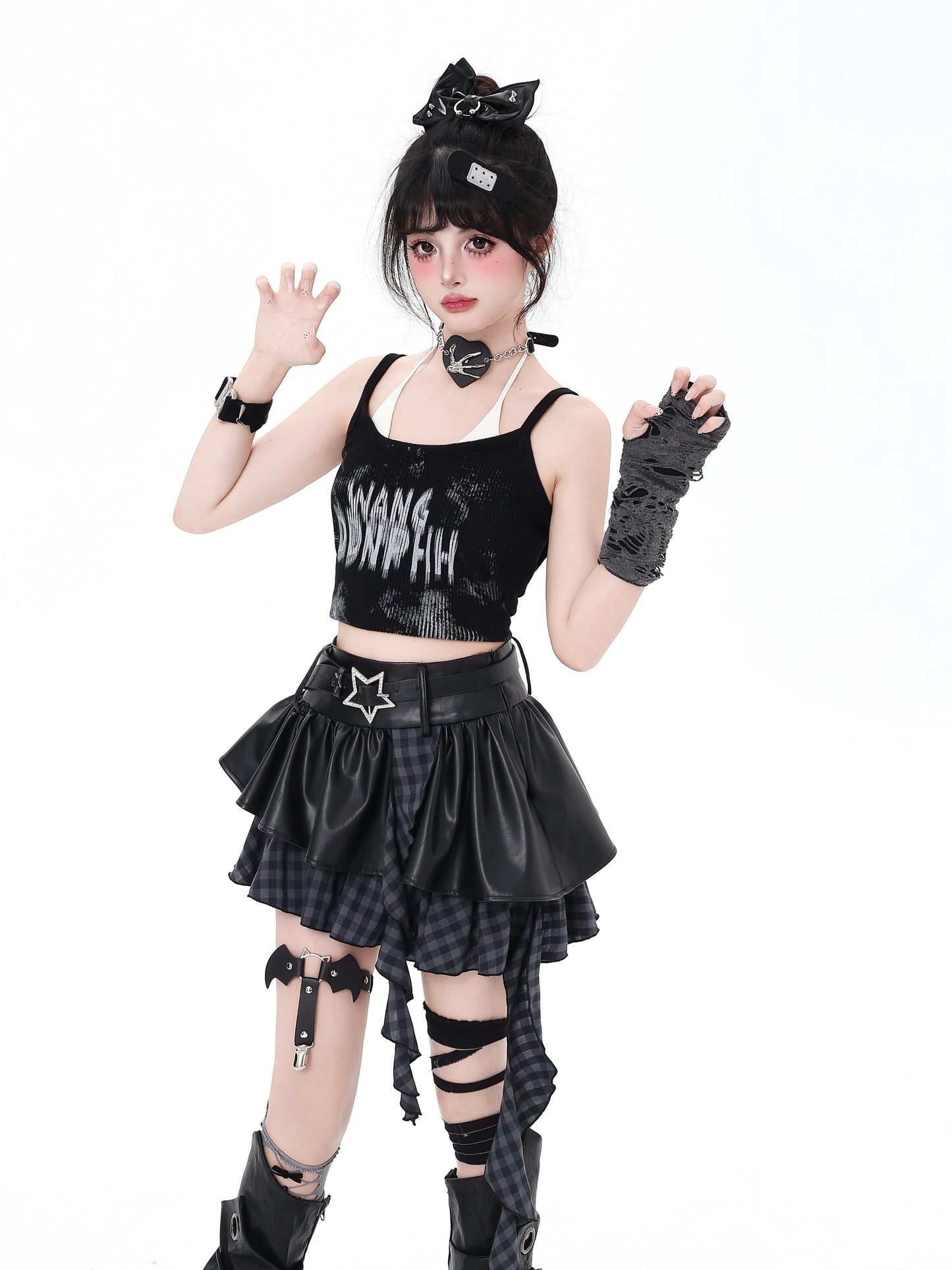 闇フリンジレザー アシメスカート