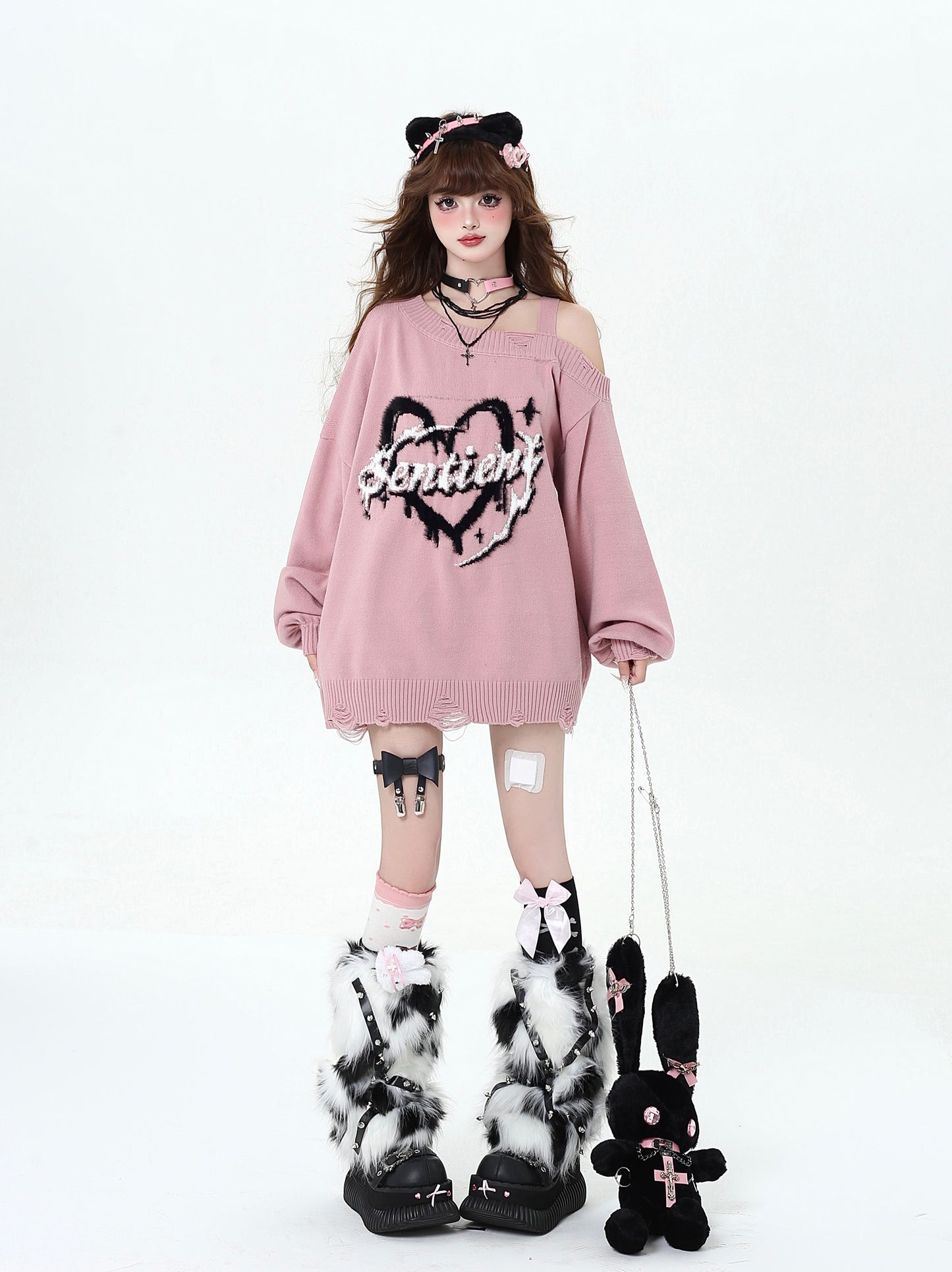 ハート柄片肩ルーズニットセーター