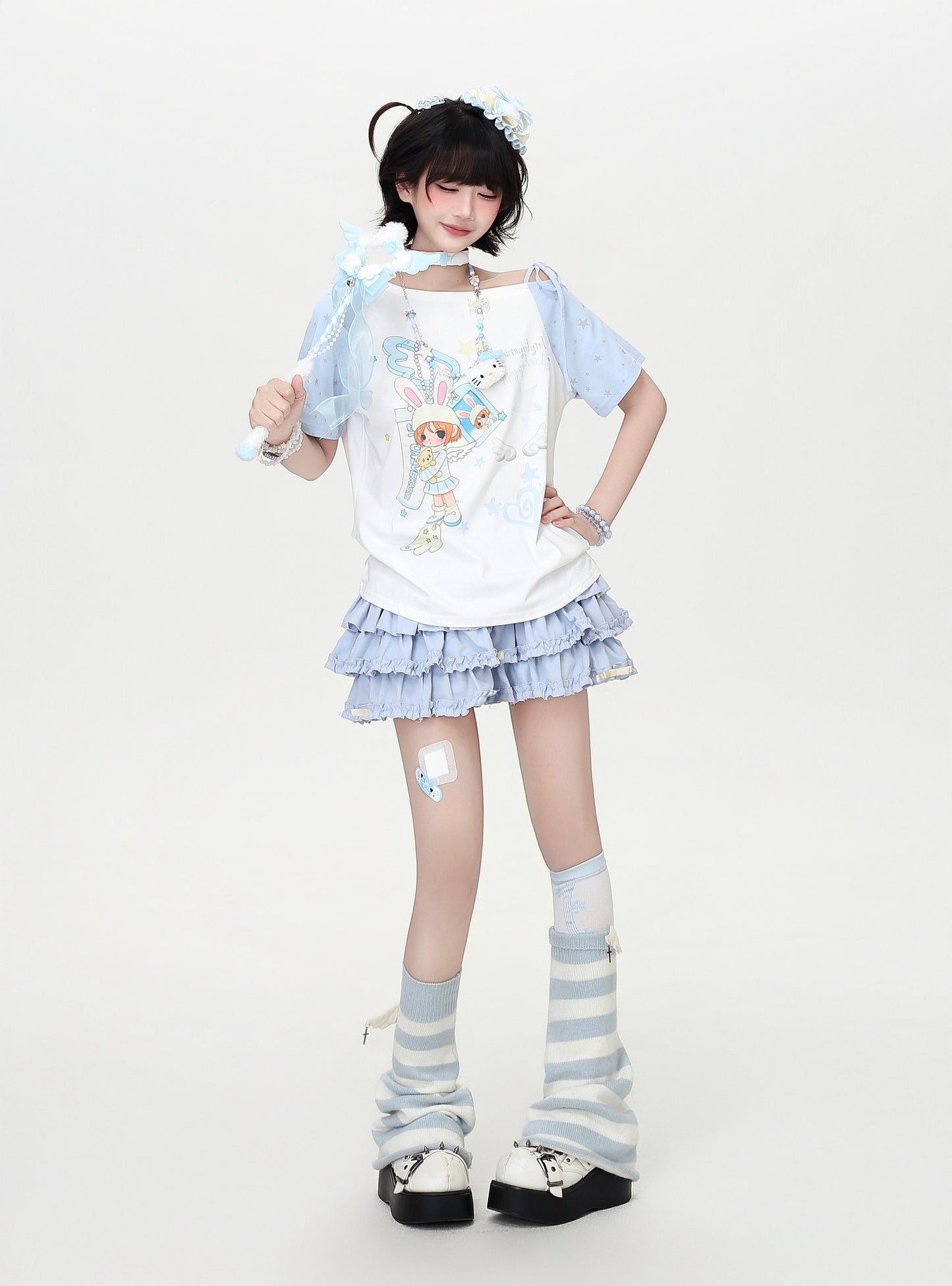 アシメ配色レースアップTシャツ