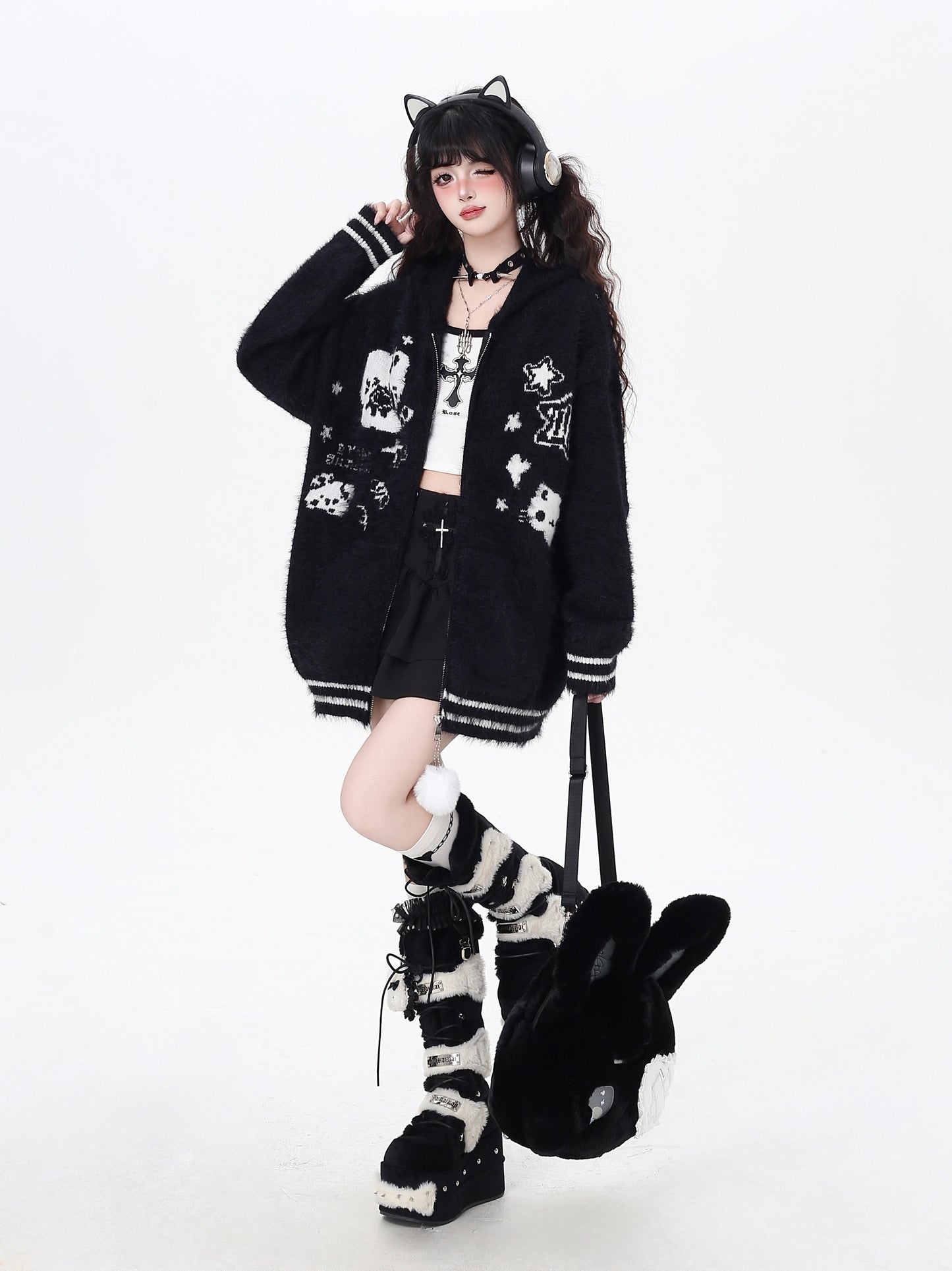 うさ耳フーディー付きゆるカワカーディガン秋冬