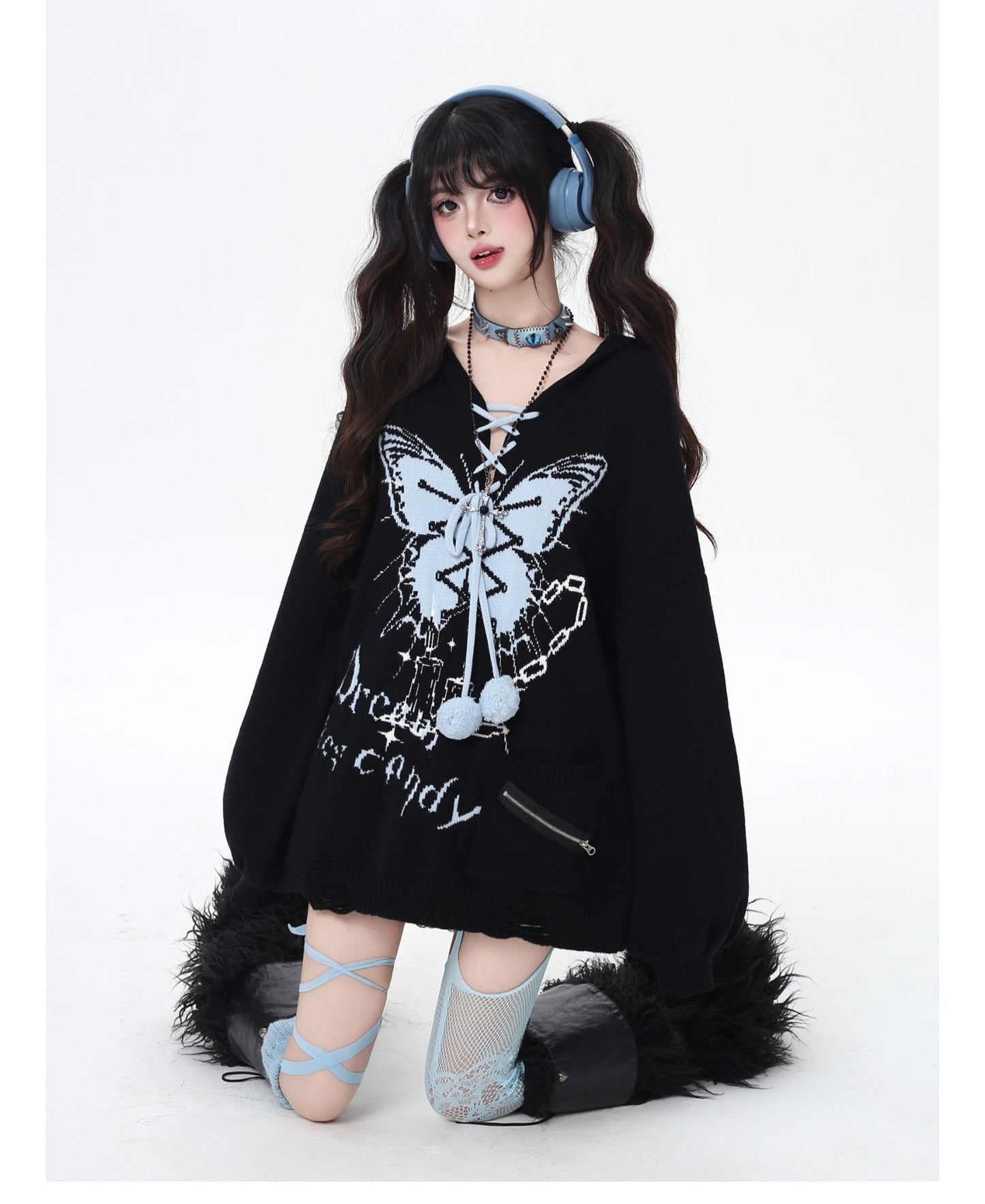 🦋Vネックリボンフーディゆる甘ニットカーデ