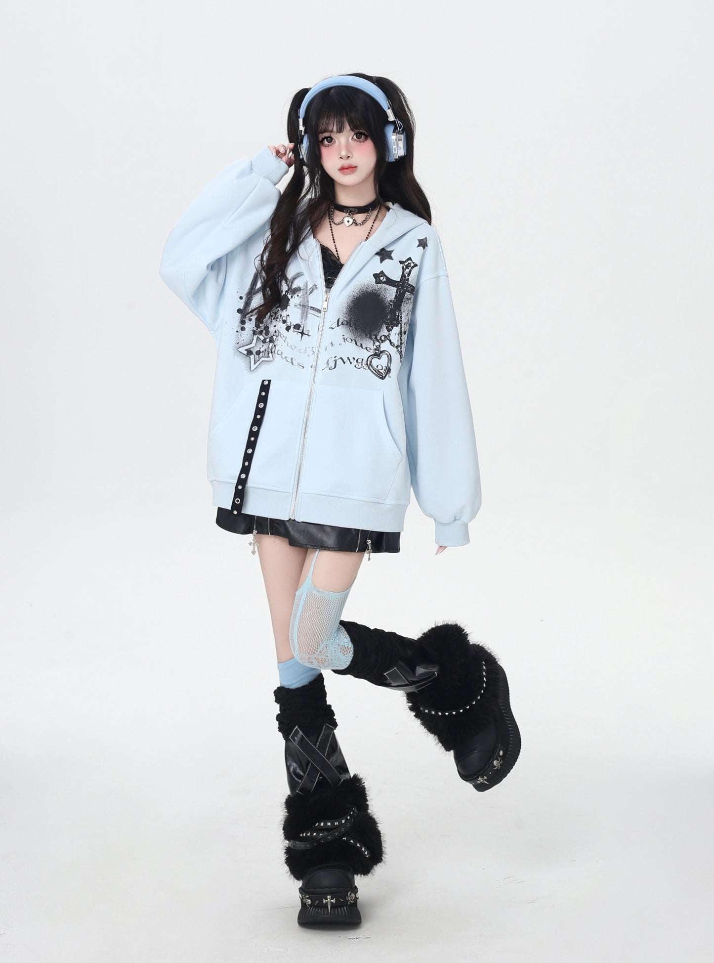 地雷系ダーク系初秋ジップパーカー ニッチギャル服