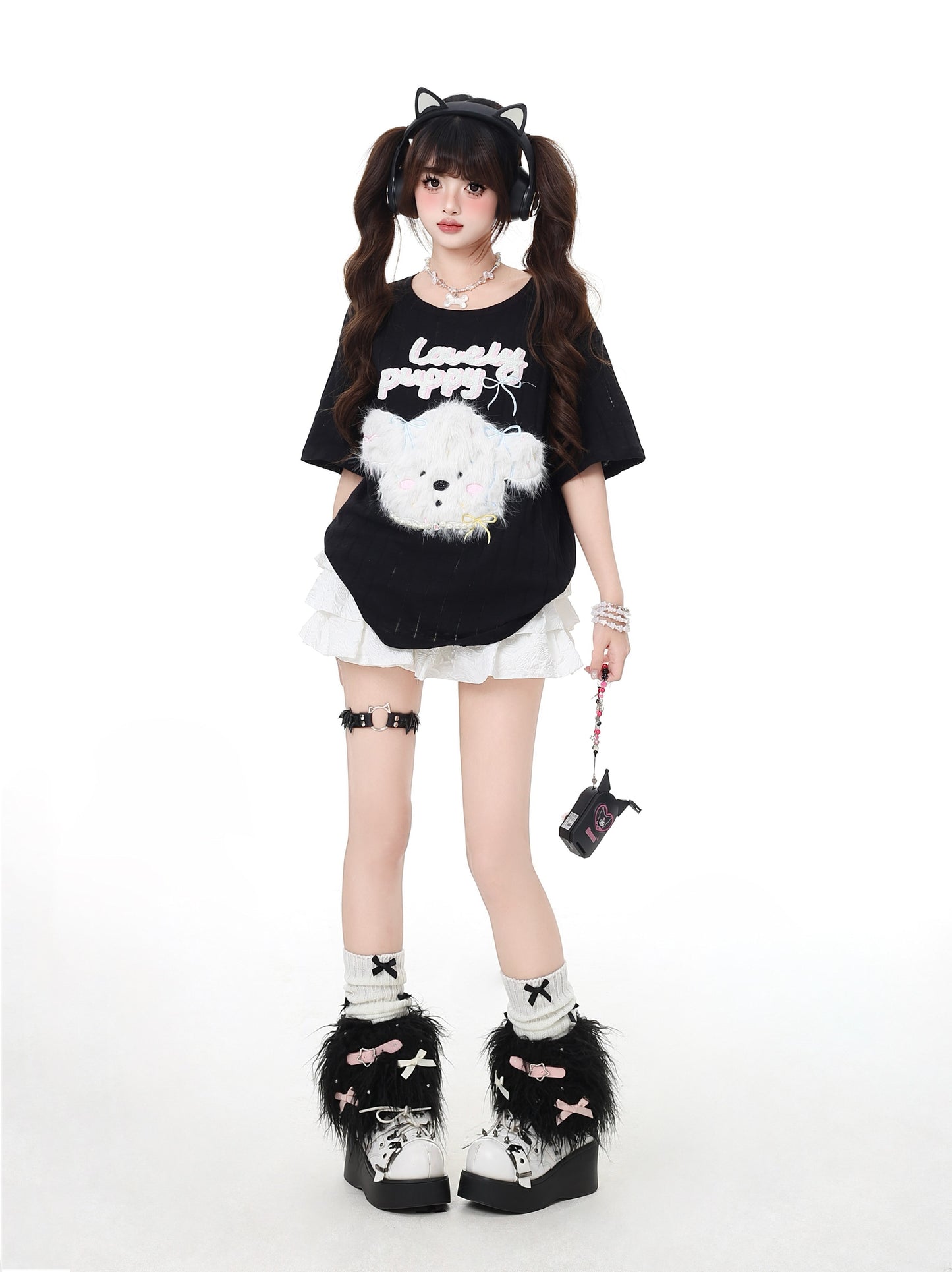 ふわふわ犬のデザインゆるTシャツ(微透け)
