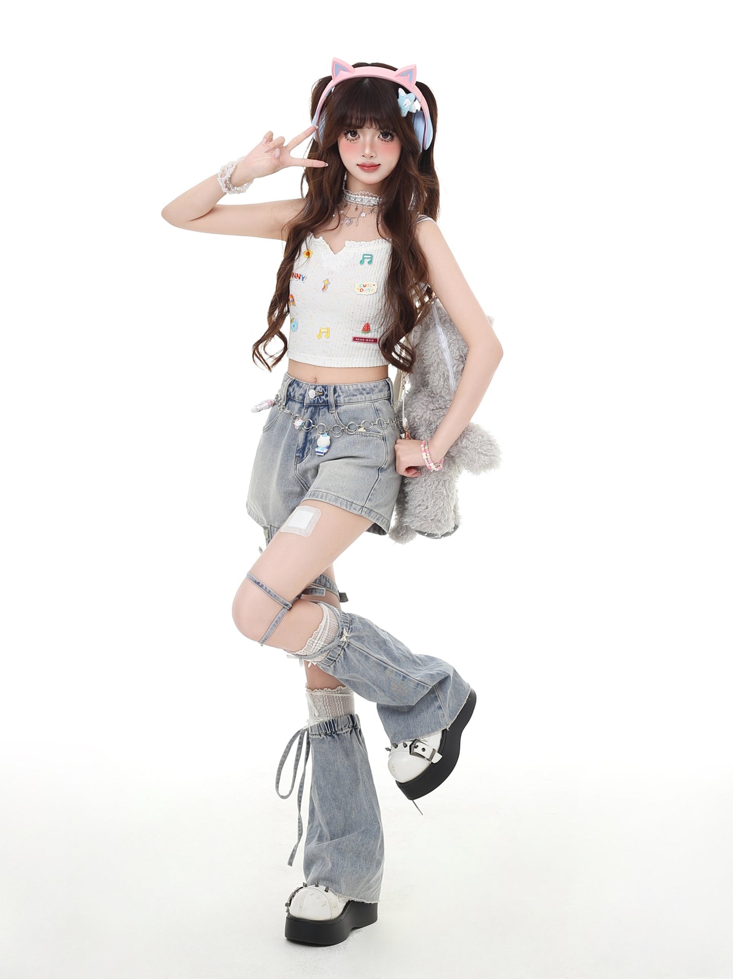 蝶結びAラインデニムショートパンツ