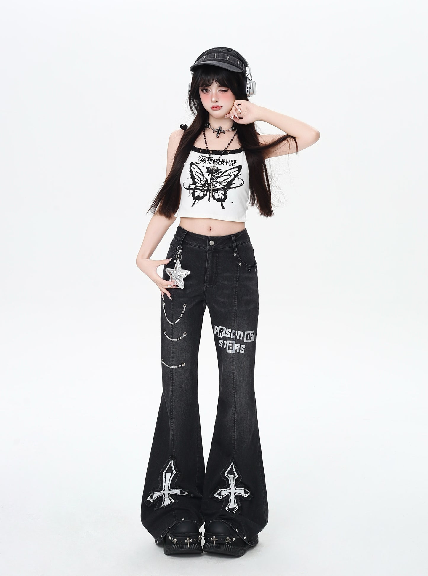 オリジナル甘辛Y2Kチェーンハイウエストデニムフレアパンツ