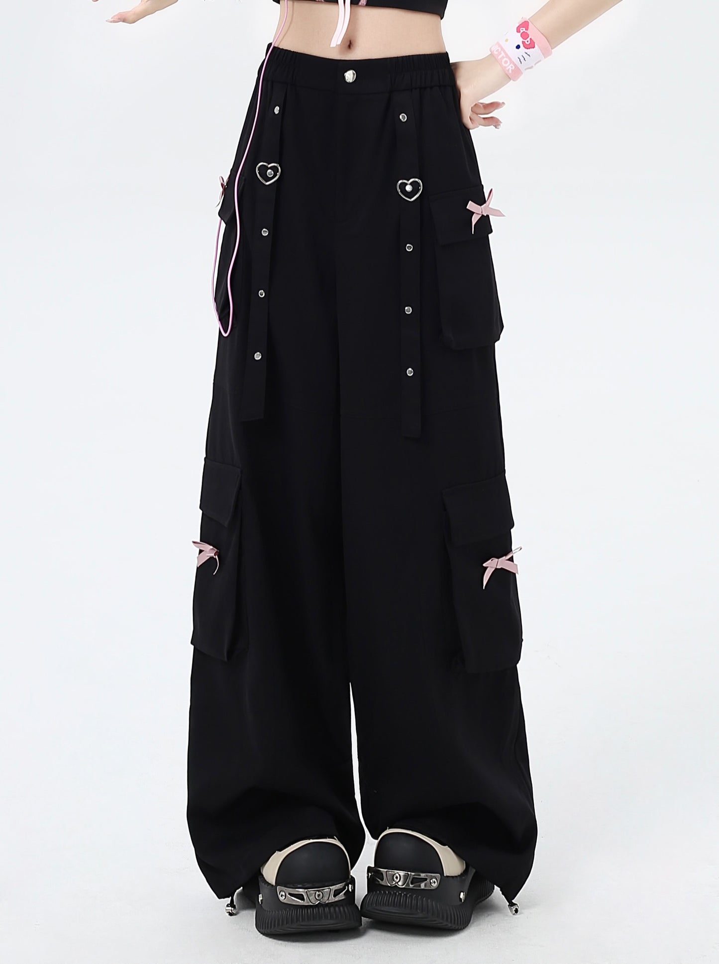 リボン付きのストレートワイドレッグワークパンツ