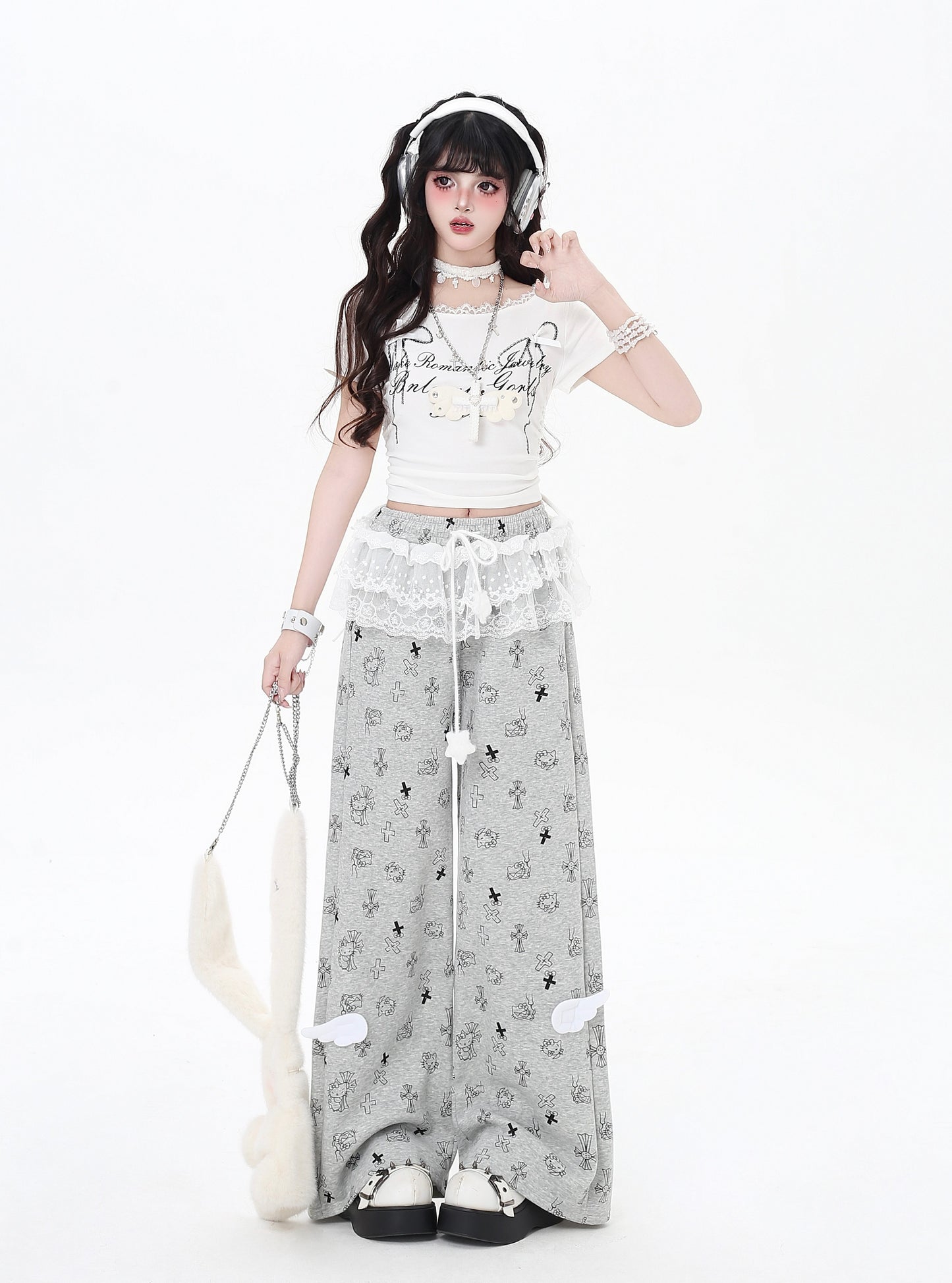猫柄レーススウェットパンツ🖤ゆる甘ストリート