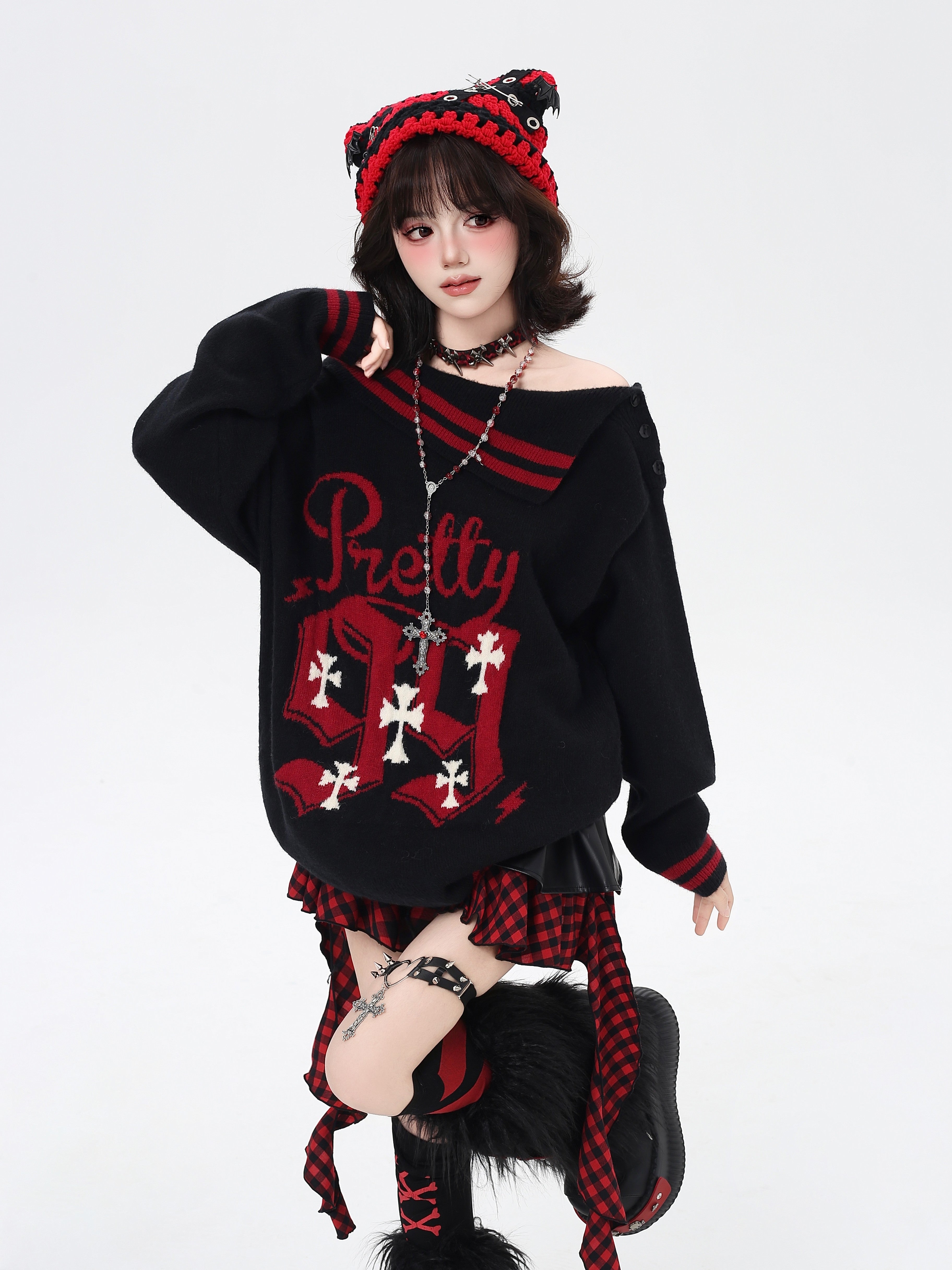 襟付きクロスプリントオフショルニット｜甘辛ストリート – CRAZYGIRL