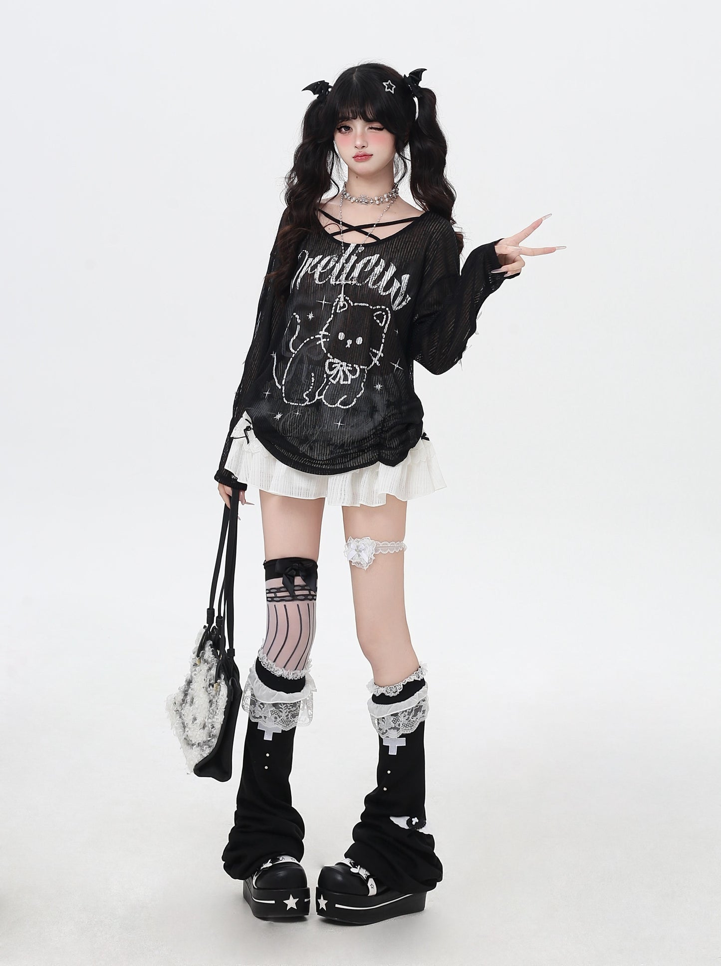 クロスリボン×猫柄シアートップス