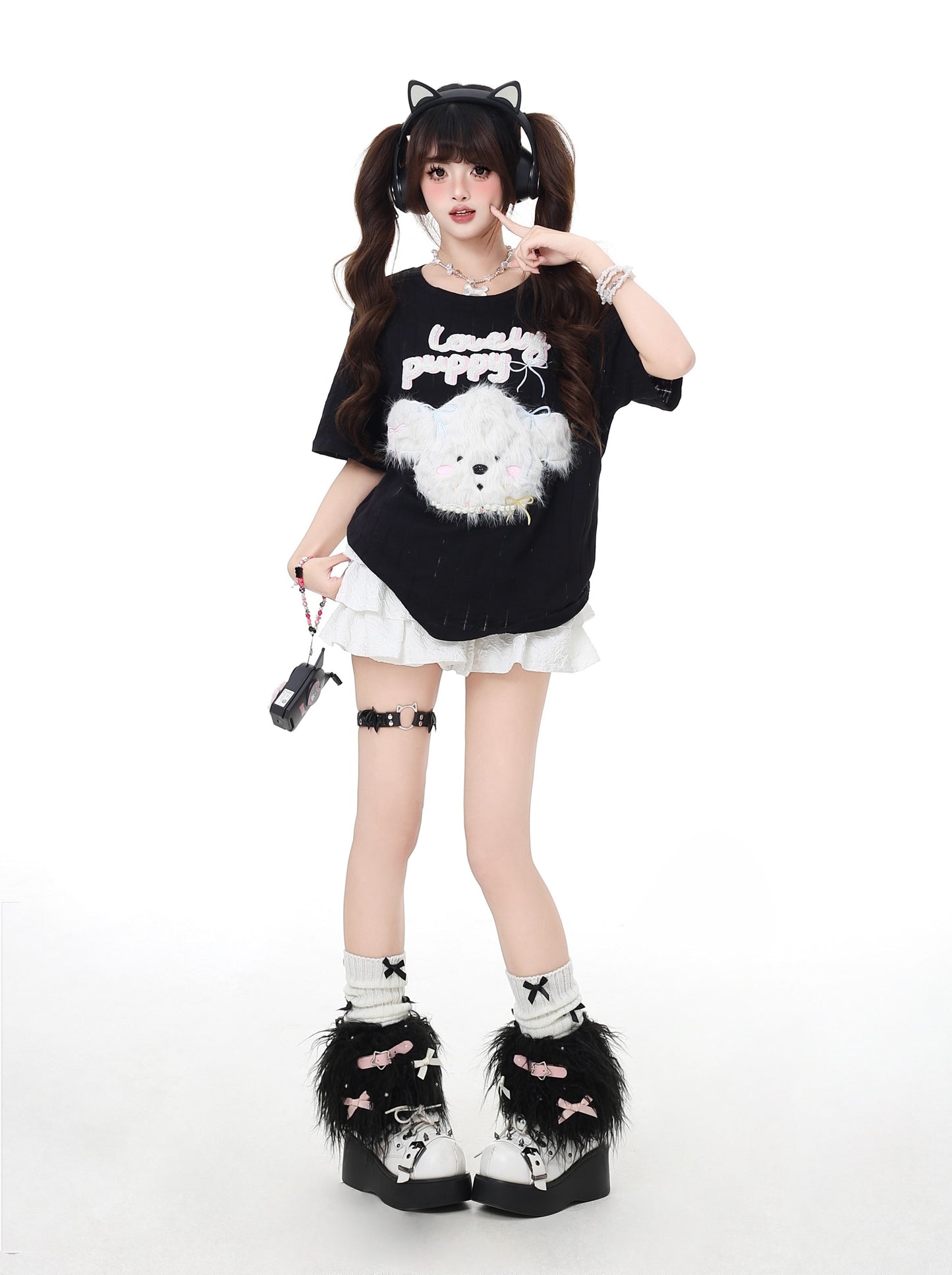 ふわふわ犬のデザインゆるTシャツ(微透け)