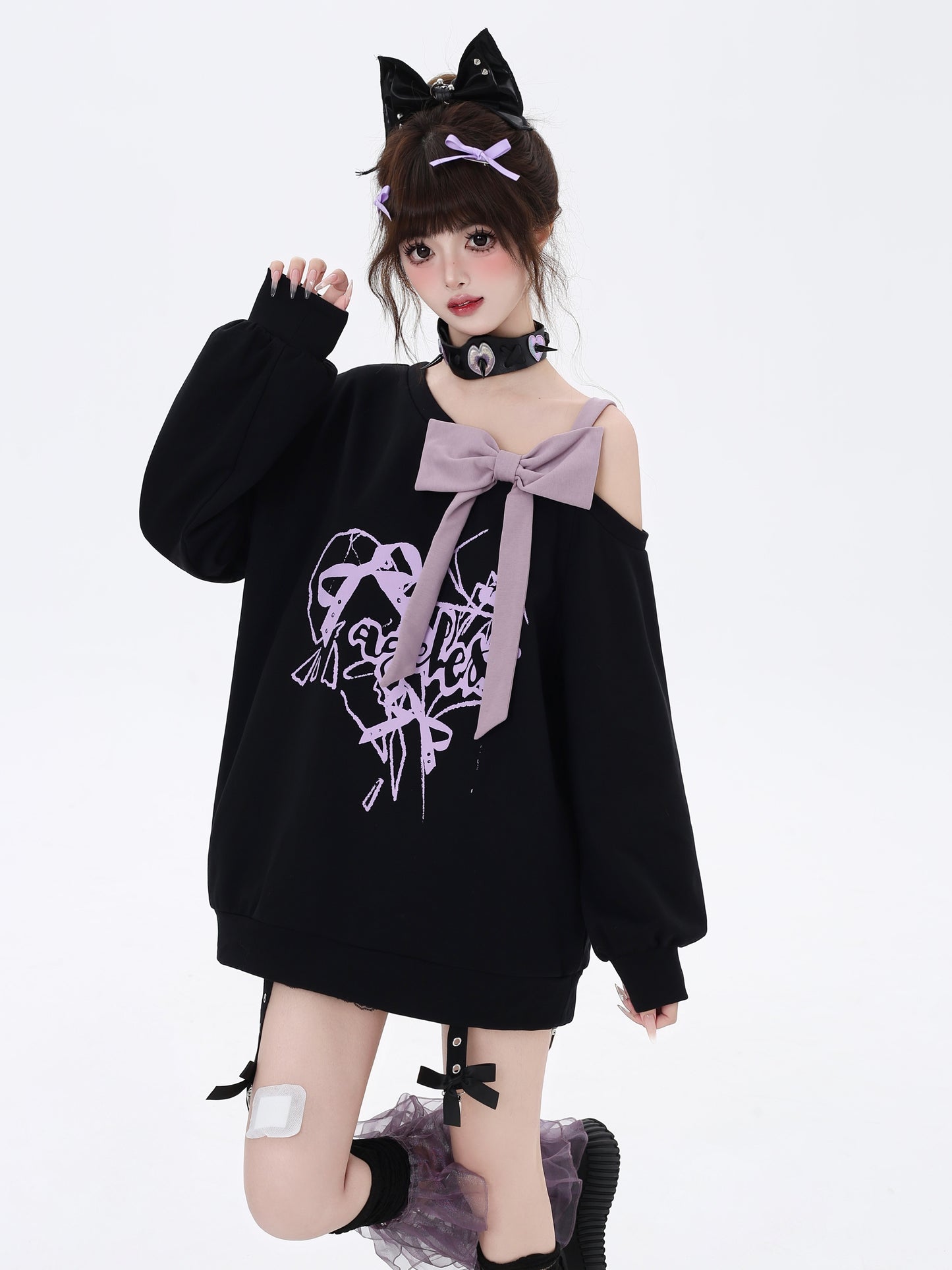 黒紫ビッグリボン露肩ロングスウェット