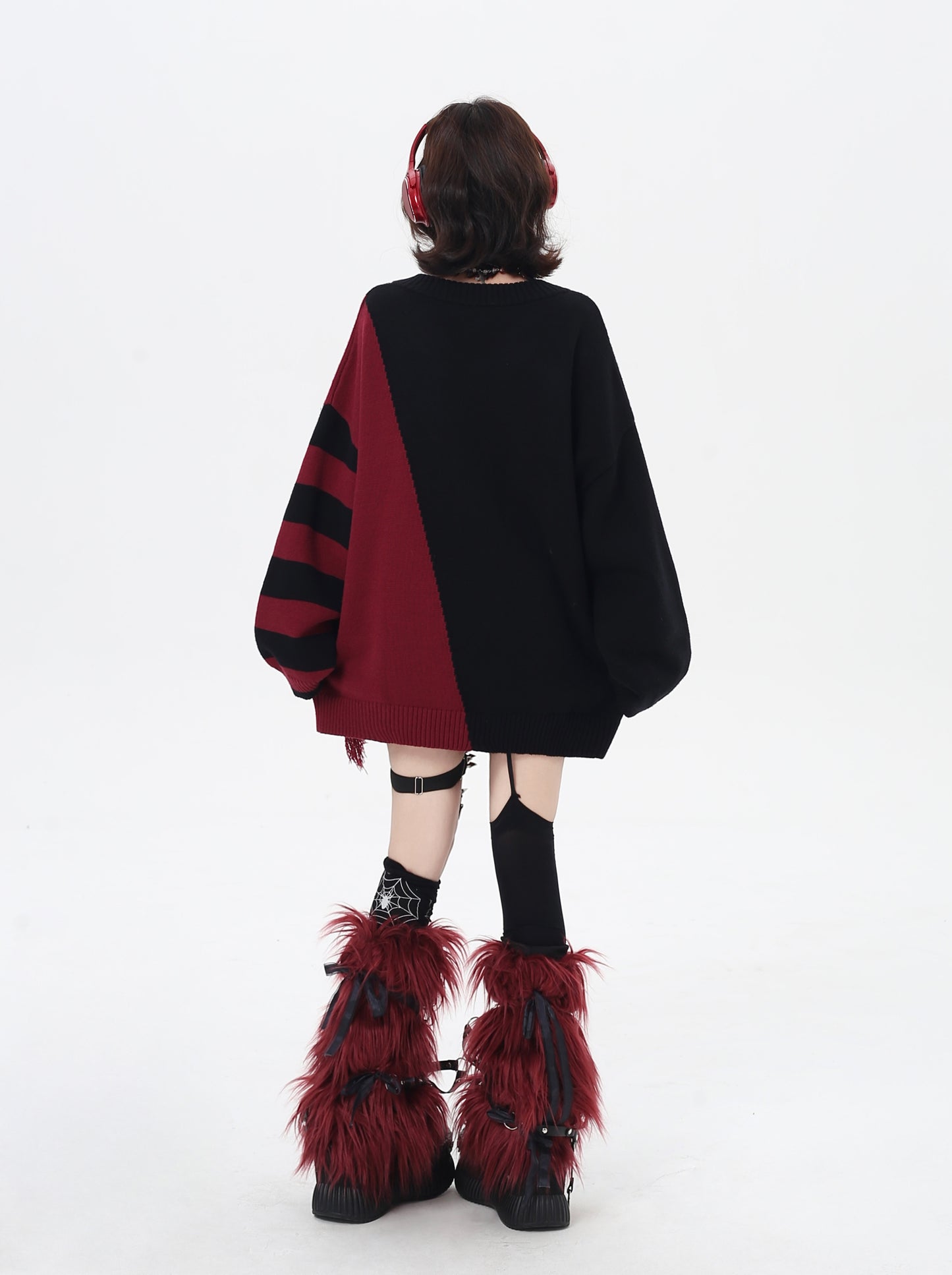 ゆるギャル系 Vネック配色リボンニット♡秋冬甘辛ミックス