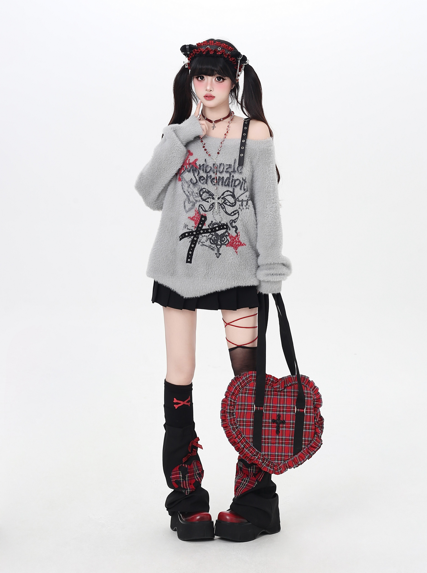 リボンオフショルフェイクファーニット