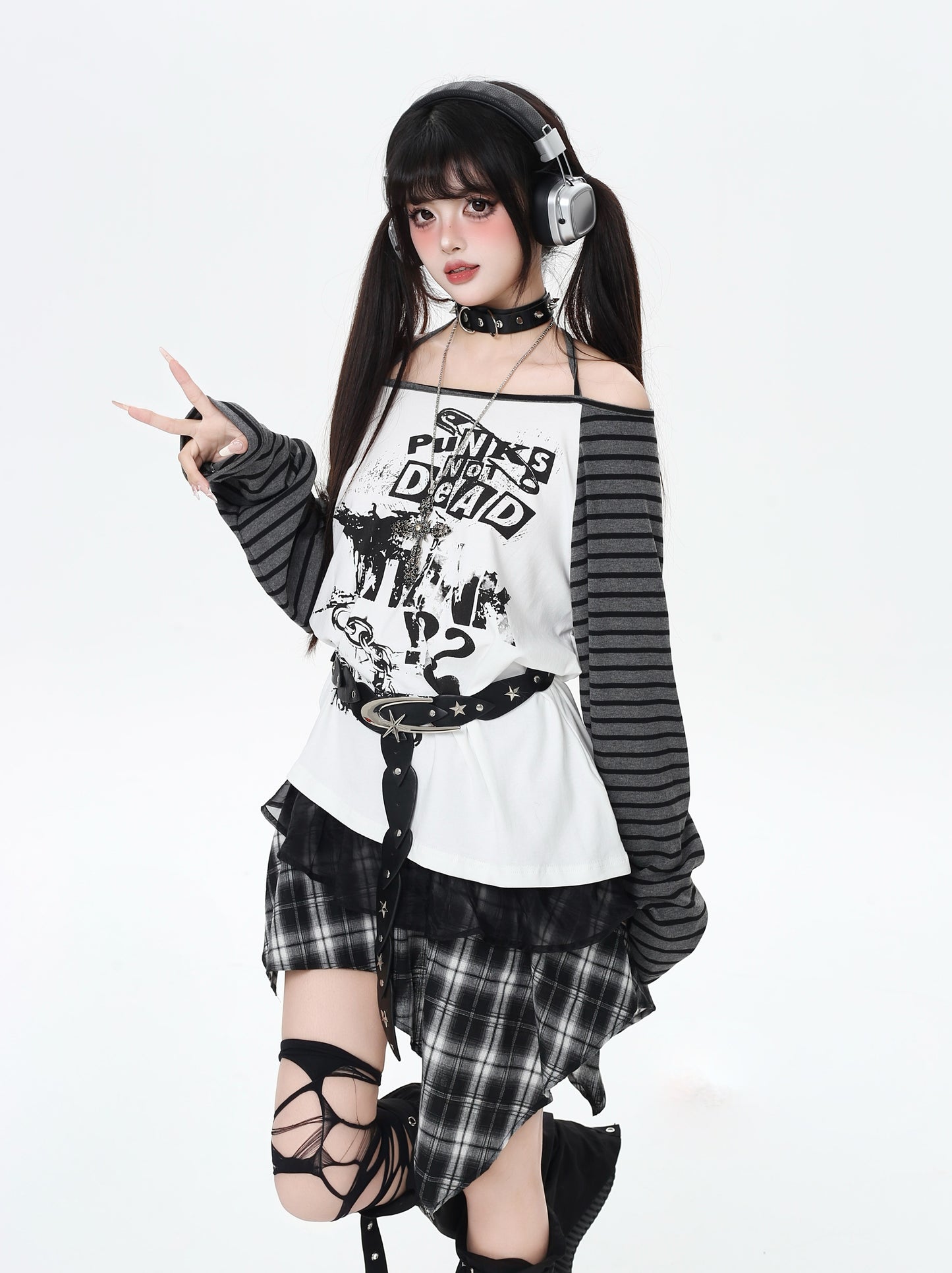 ロック系地雷ストライプホルターネック不規則Tシャツ秋