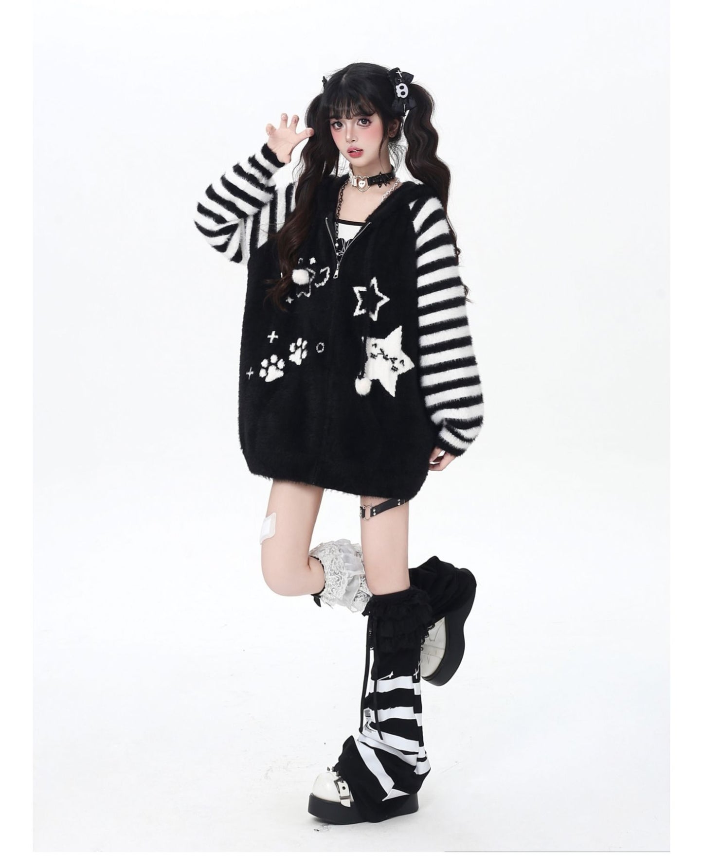 星柄ボーダーVネックフーディーニットカーデ